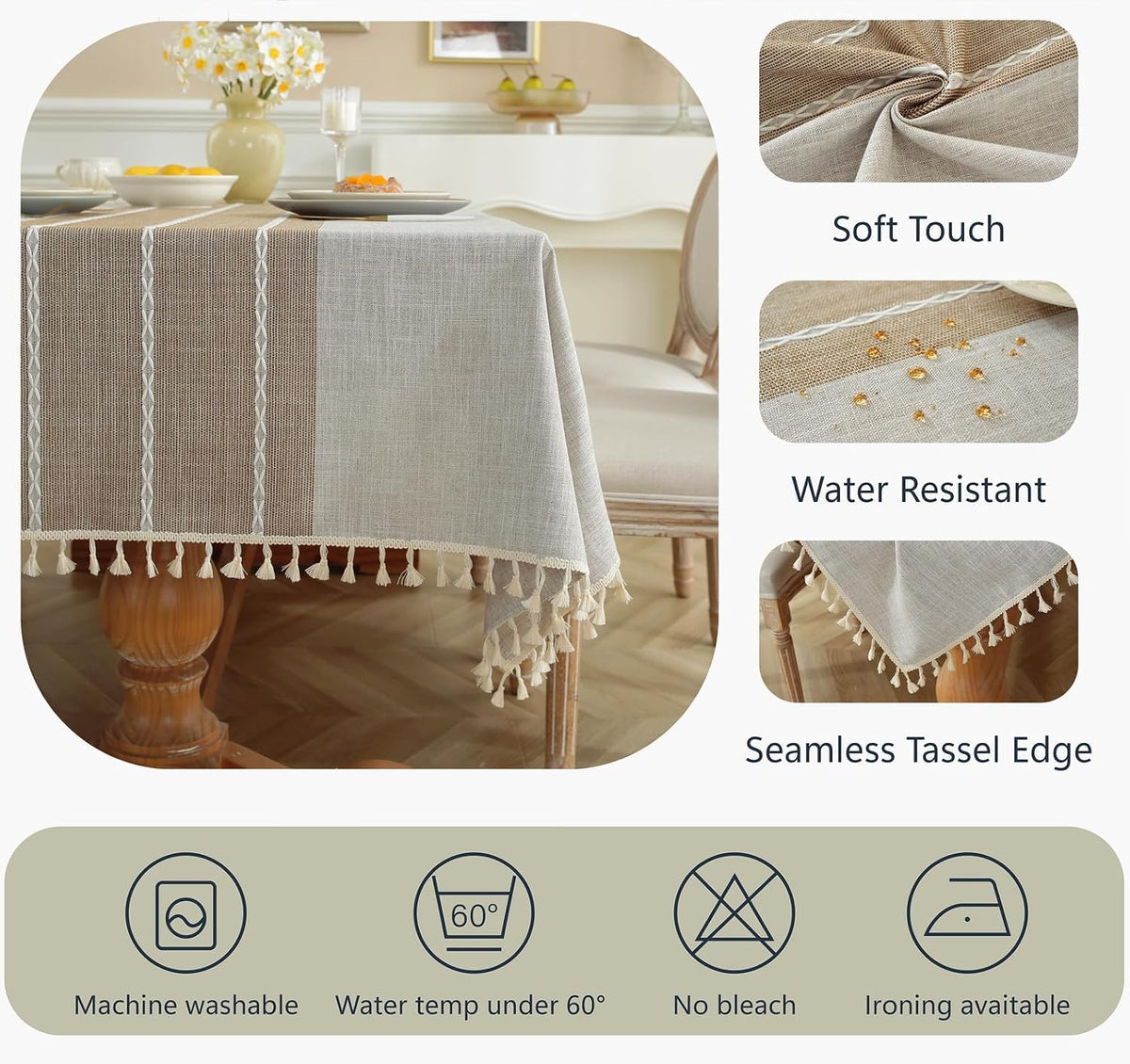 Alsoo Fall Tablecloth Rectangle Linen Style, Rustic Boho Farmhouse Outdoor Waterproof Cotton Table Cloth Wrinkle Free for Picnic Camping Party Kitchen Dining (Coffee Lines, 4-6 Seats, 55x75 Inches)