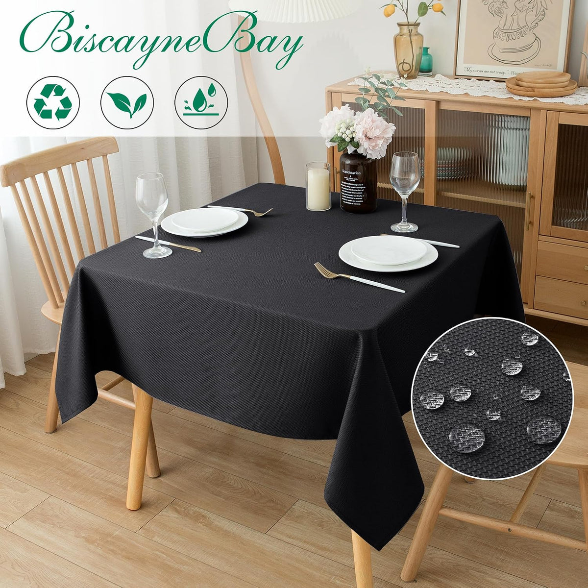 Textured Square Black Tablecloth-Fabric Spillproof Card Table Cloths 54x54"