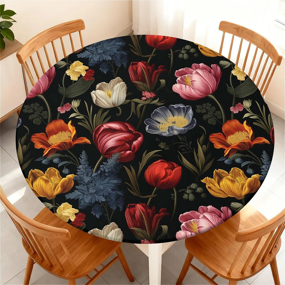 Round Fitted Tablecloth with Elastic Edge, Waterproof Stain Resistant Fabric Table Cover for 45"-48" Round Table, Indoor Outdoor Dining, Kitchen Decor, Camping, Party, Holiday, Black White Marble