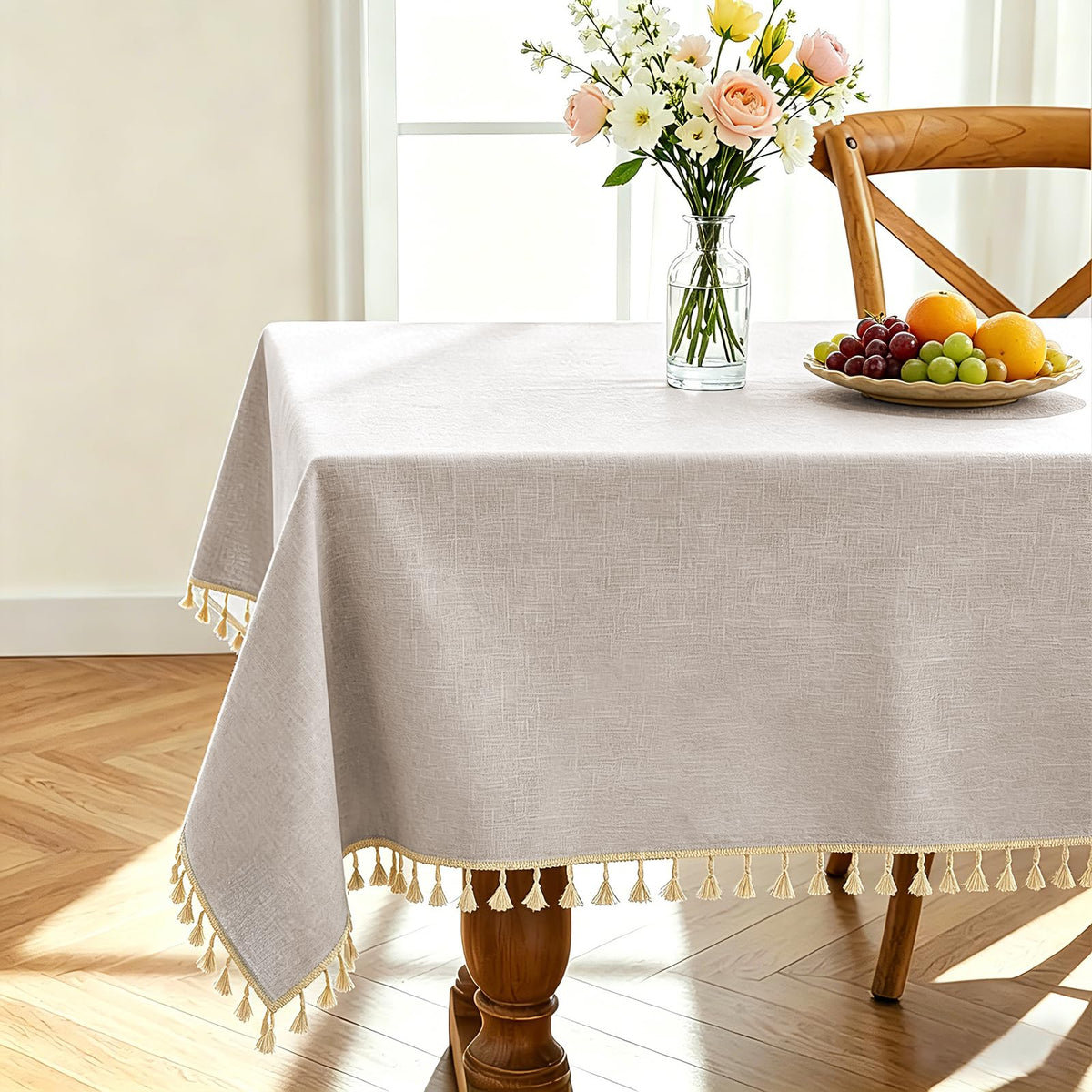 Alsoo Ivory Tablecloth Rectangle Linen Cotton Texture, Waterproof Heavy Duty Farmhouse Wrinkle Free Table Cloth with Tassel for Kitchen Dining Holiday Party, 55" x 75"