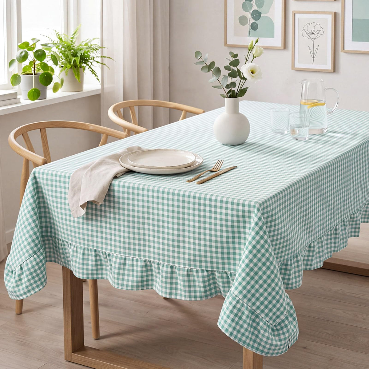 Mindsoft Brown Ruffled Gingham Tablecloth, 52 x 70 Inches, Rectangle