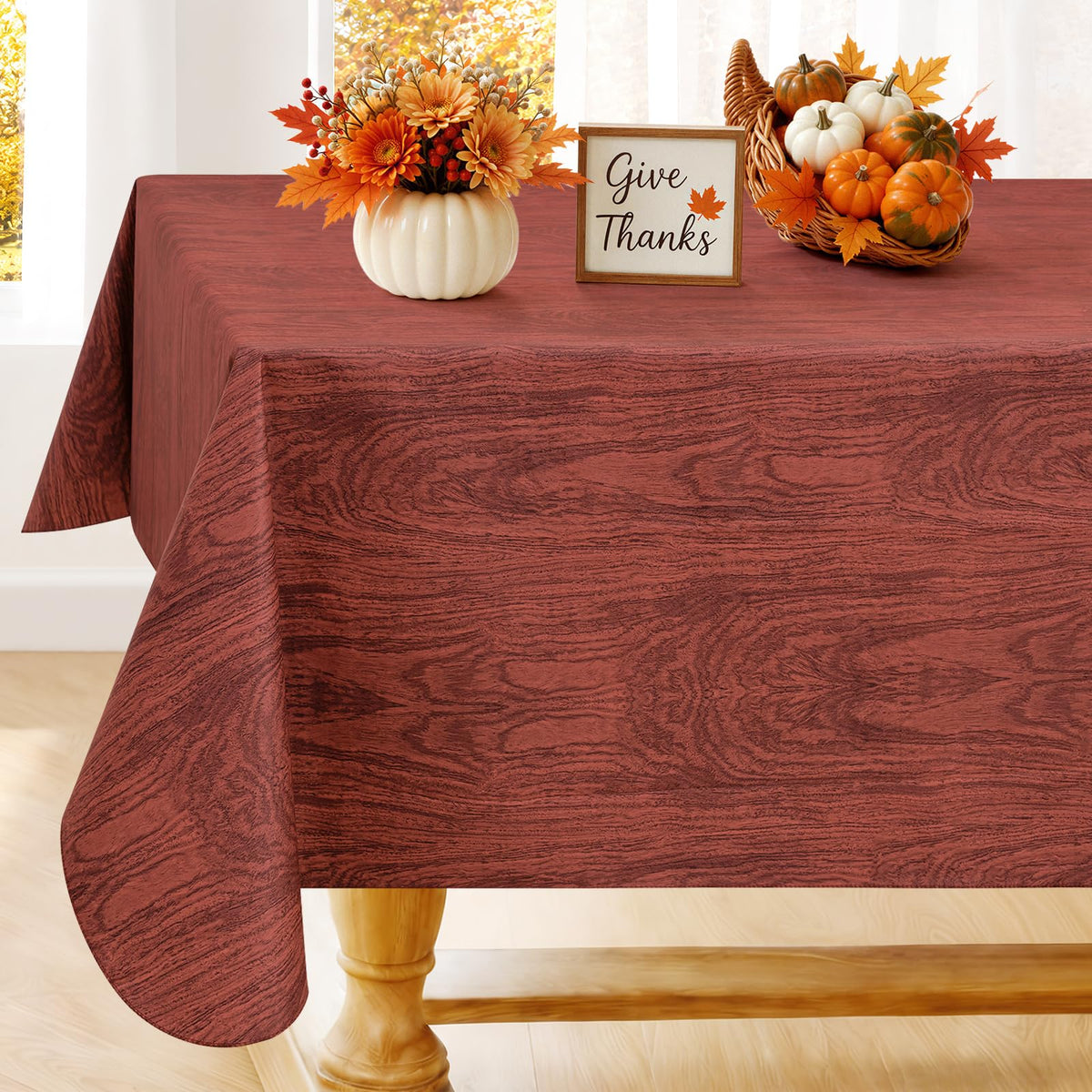 Smiry Rectangle Table Cloth, Waterproof Vinyl Tablecloths with Flannel Backing, Wipeable Spillproof Plastic Wood Grain Table Cover for Dining, Indoor and Outdoor (Beige, 60 "x 84")