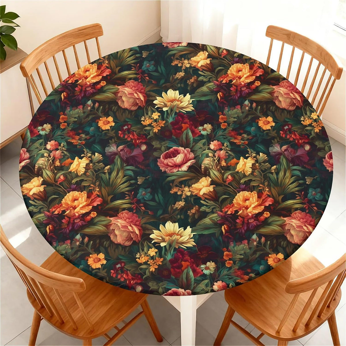 Round Fitted Tablecloth with Elastic Edge, Waterproof Stain Resistant Fabric Table Cover for 45"-48" Round Table, Indoor Outdoor Dining, Kitchen Decor, Camping, Party, Holiday, Black White Marble