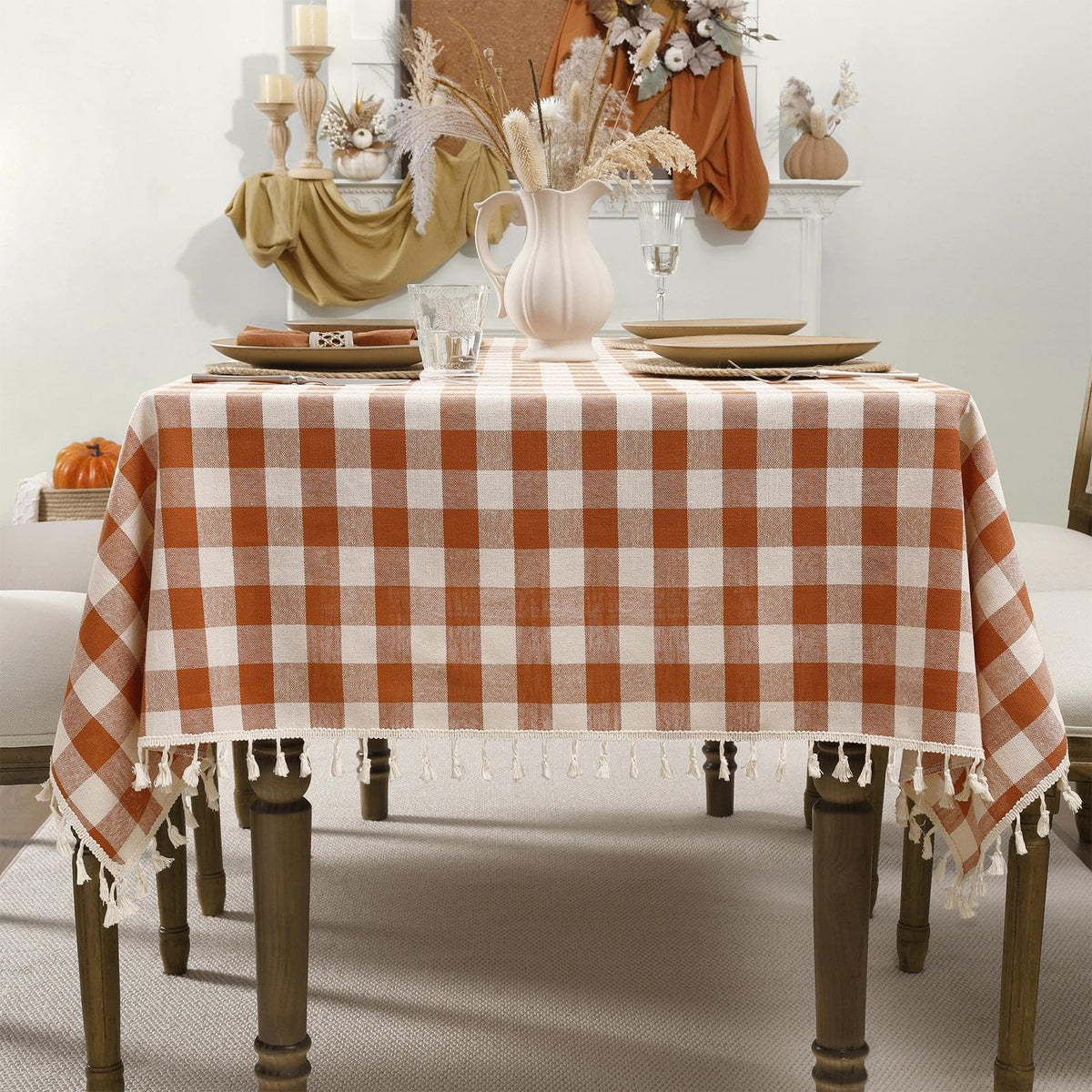 Romanstile Gingham Tassel Tablecloth Rectangle - 55 x 70 Inch, Sage Green