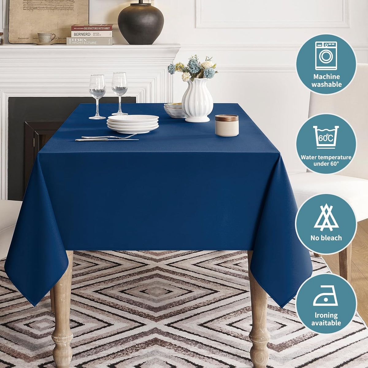 Veblandy Table Cloth Rectangle Waterproof Spill-Proof Wrinkle-Free Tablecloth Washable, Kitchen Dining Tabletop Decoration, Fabric Table Cover for Indoor and Outdoor Use, 52 x 70 Inch, Navy Blue