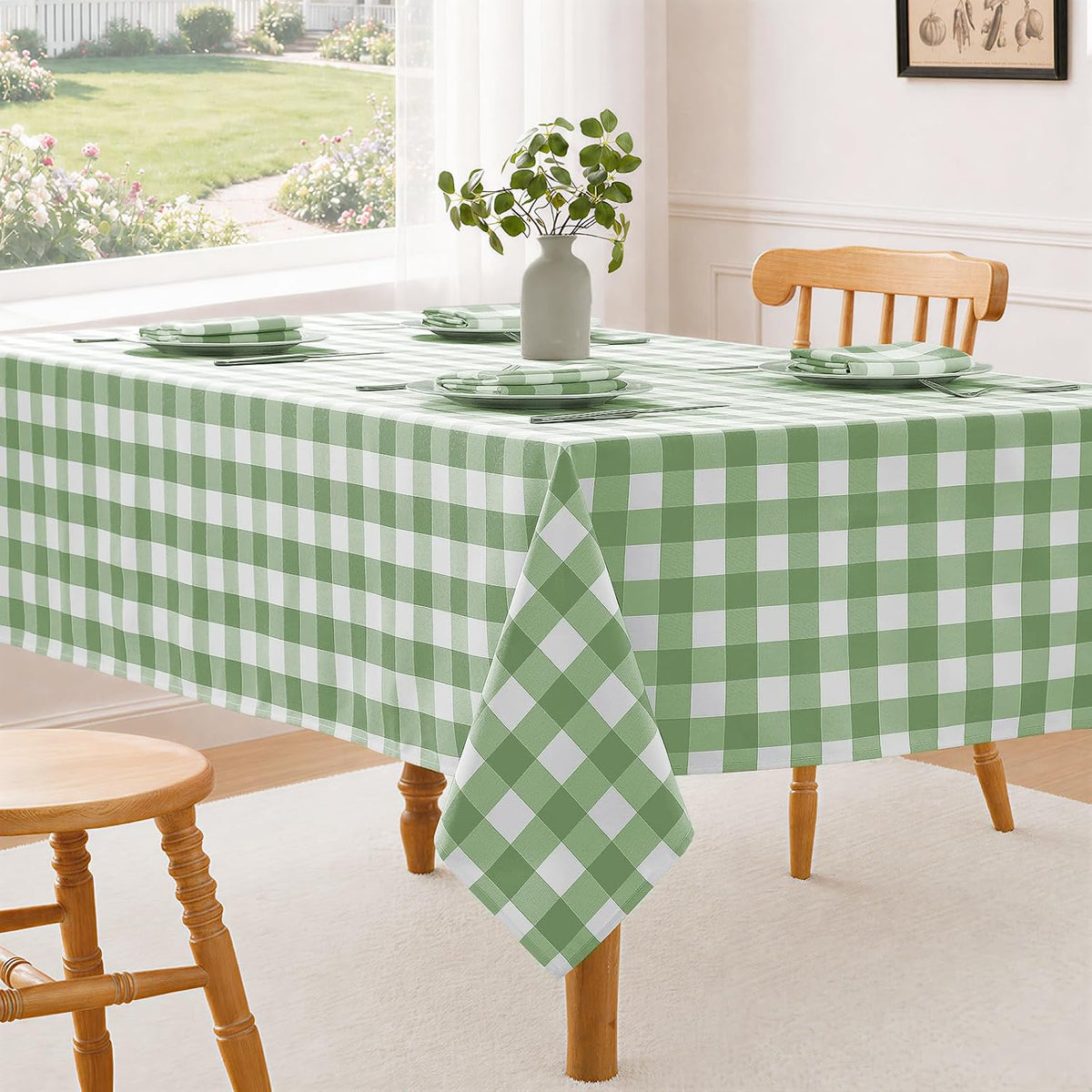 Veblandy Checkered Tablecloth Rectangle Waterproof Gingham Table Cloth Washable Buffalo Plaid Table Cover Wrinkle Free for Kitchen, Dining and Outdoor Picnic, 52 x 70 Inch, Sage Green and White