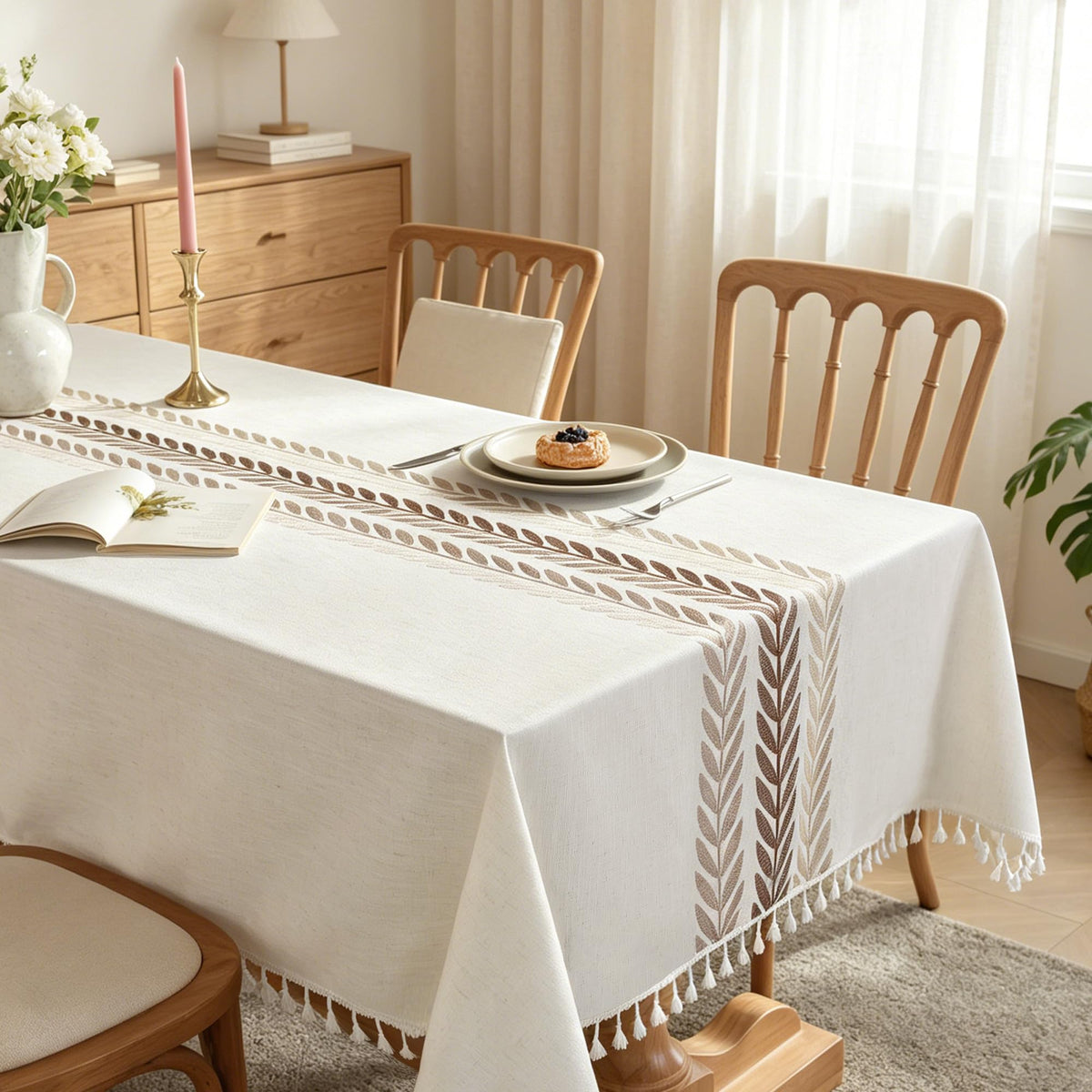 Cotton Linen Tablecloth, Water Resistant Holiday Table Cloth for Rectangle Table with Tassel, Washable Heavy Duty Wrinkle Free Table Cover for Dining Picnic, Coffee Lines, 75 X 55 Inch