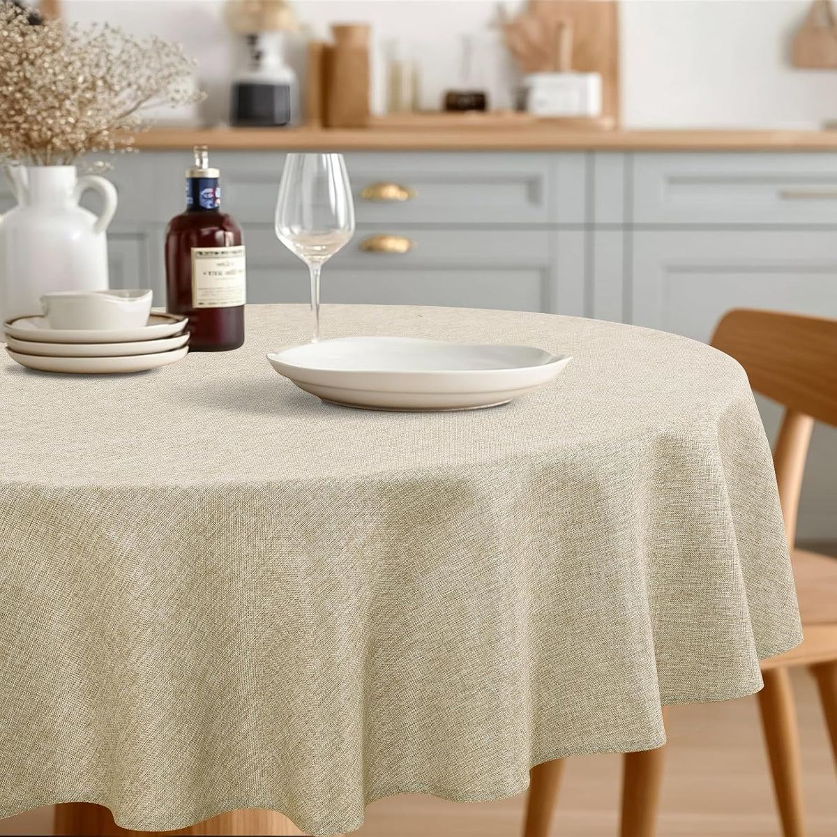 JIUZHEN Round Table Cloth Faux Linen Farmhouse Tablecloth Wrinkle and Stain Resistant Decorative Fabric Table Cover for Kitchen, Dining Room, Parties and Camping, Beige, 120 Inch Round