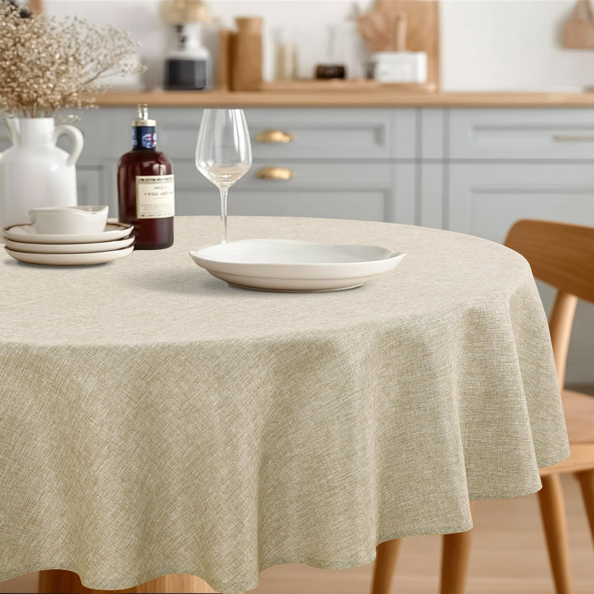JIUZHEN Round Table Cloth Faux Linen Farmhouse Tablecloth Wrinkle and Stain Resistant Decorative Fabric Table Cover for Kitchen, Dining Room, Parties and Camping, Beige, 120 Inch Round