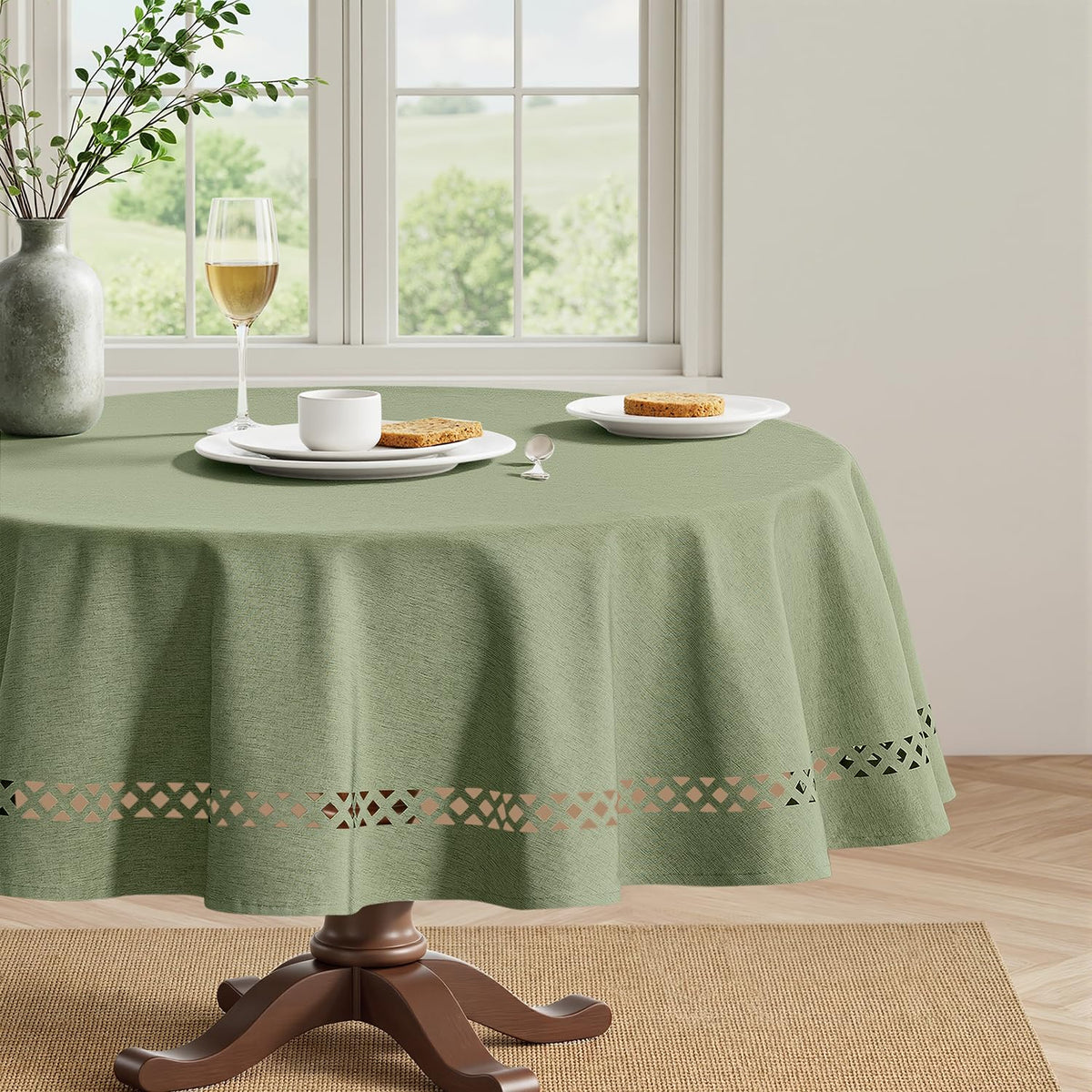MIULEE Beige Rectangle Tablecloth with Decorative Cutouts 60x84 Inch