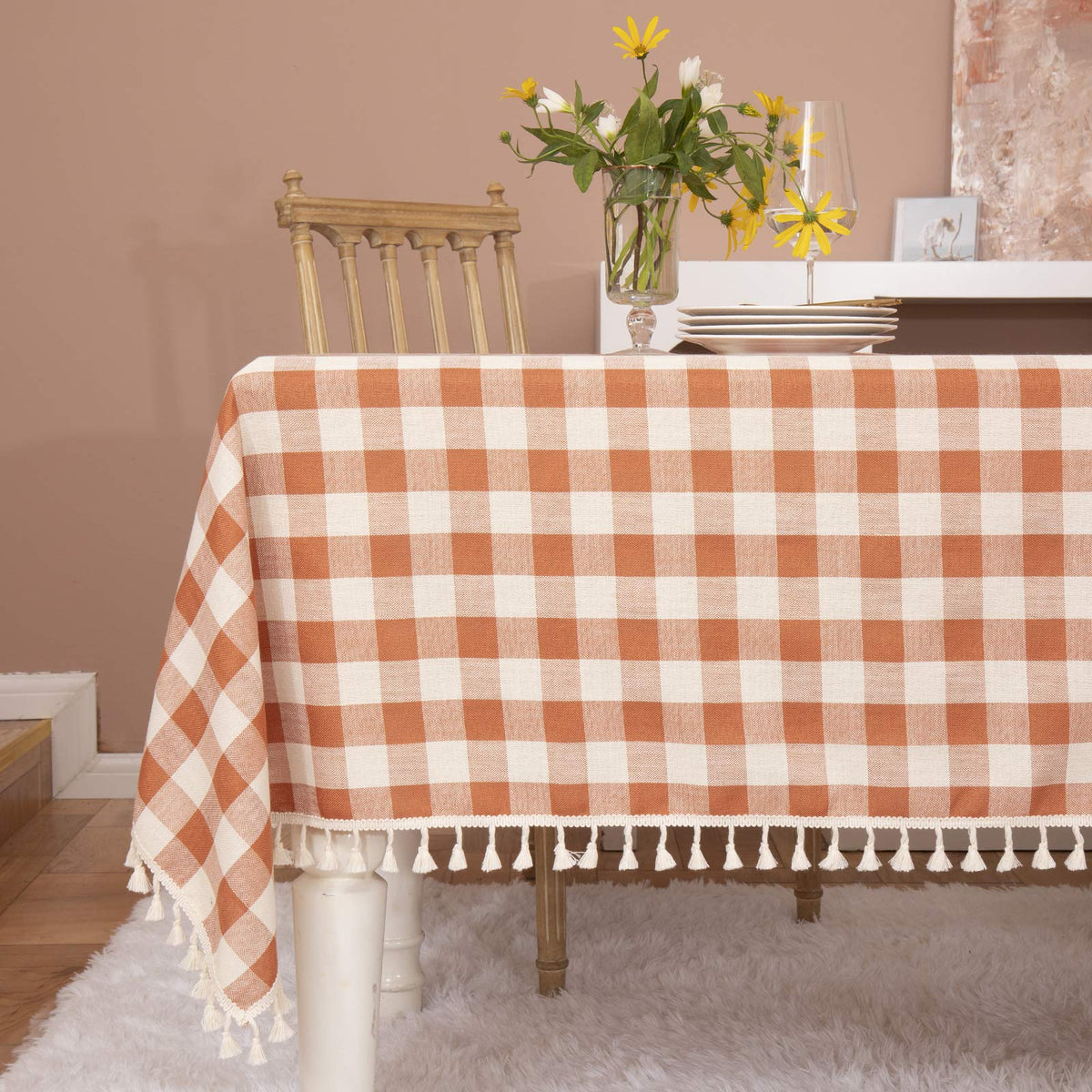 Midsummer Breeze Farmhouse Gray Khaki Gingham Tablecloth Rectangle 55”x70”