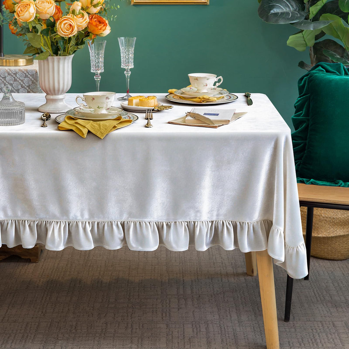 GLORY SEASON Velvet Tablecloth Luxurious Solid Rectangle Table Cloth,Oblong Retro Farmhouse Ruffle Tablecloths Washable Table Cover for Party Olive Green,52x70 Inches