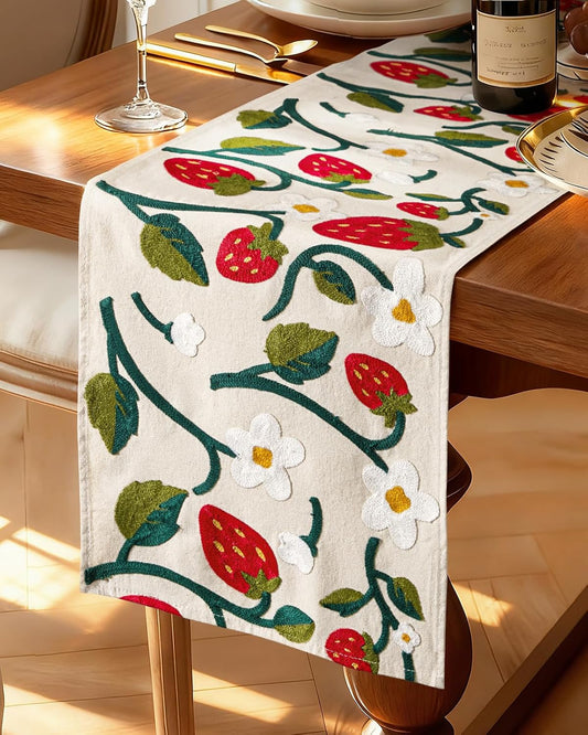 Canvas Embroidered Narrow 13"x 72" Table Runner, Strawberry