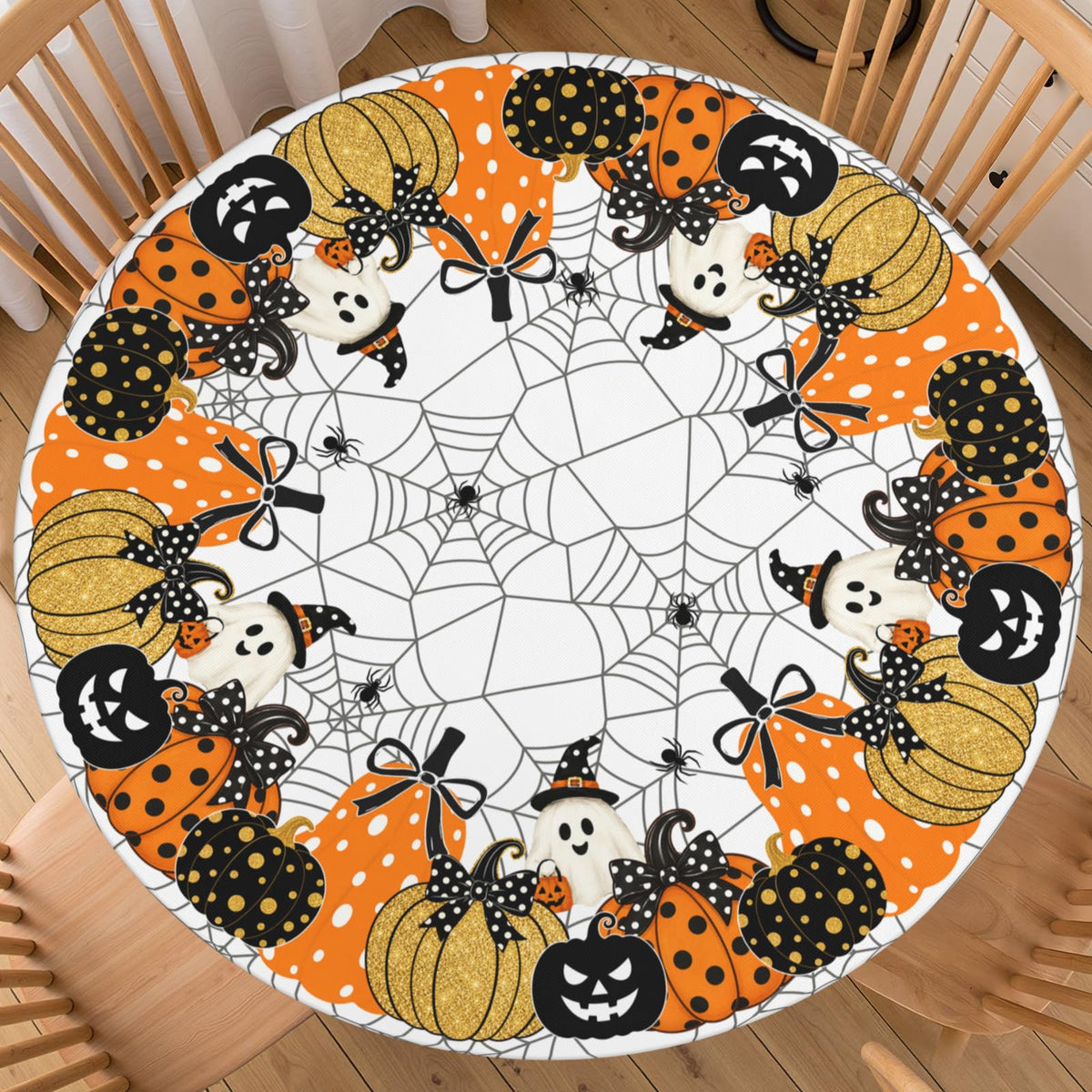 Halloween Polka Dot Round Fitted Tablecloth with Elastic Black Cat Ghost Pumpkin Bat Bowtie Whimsical Table Cloth Decorative Washable Spooky Cute Table Cover Outdoor Kitchen Dining for 44"-48" Table