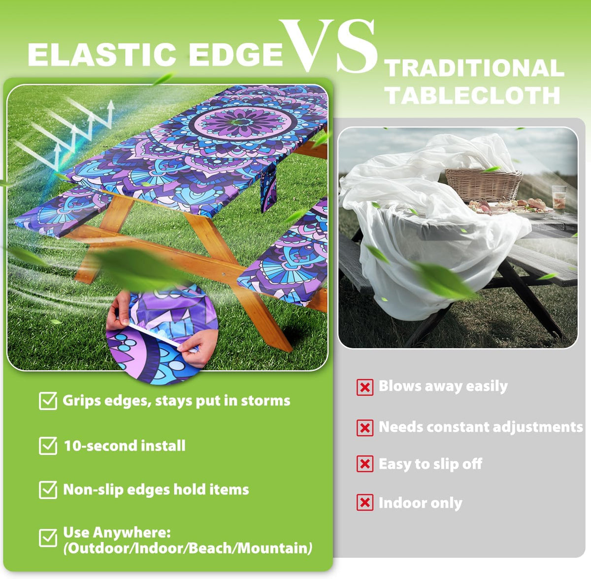 Fitted Picnic Table Cover with Bench Covers Vinyl Waterproof Elastic Edges Fitted Rectangle Tables Patio Tablecloth Camping Gear and Essentials Rv Accessories Road Trip Supplies Car Travel Must Haves