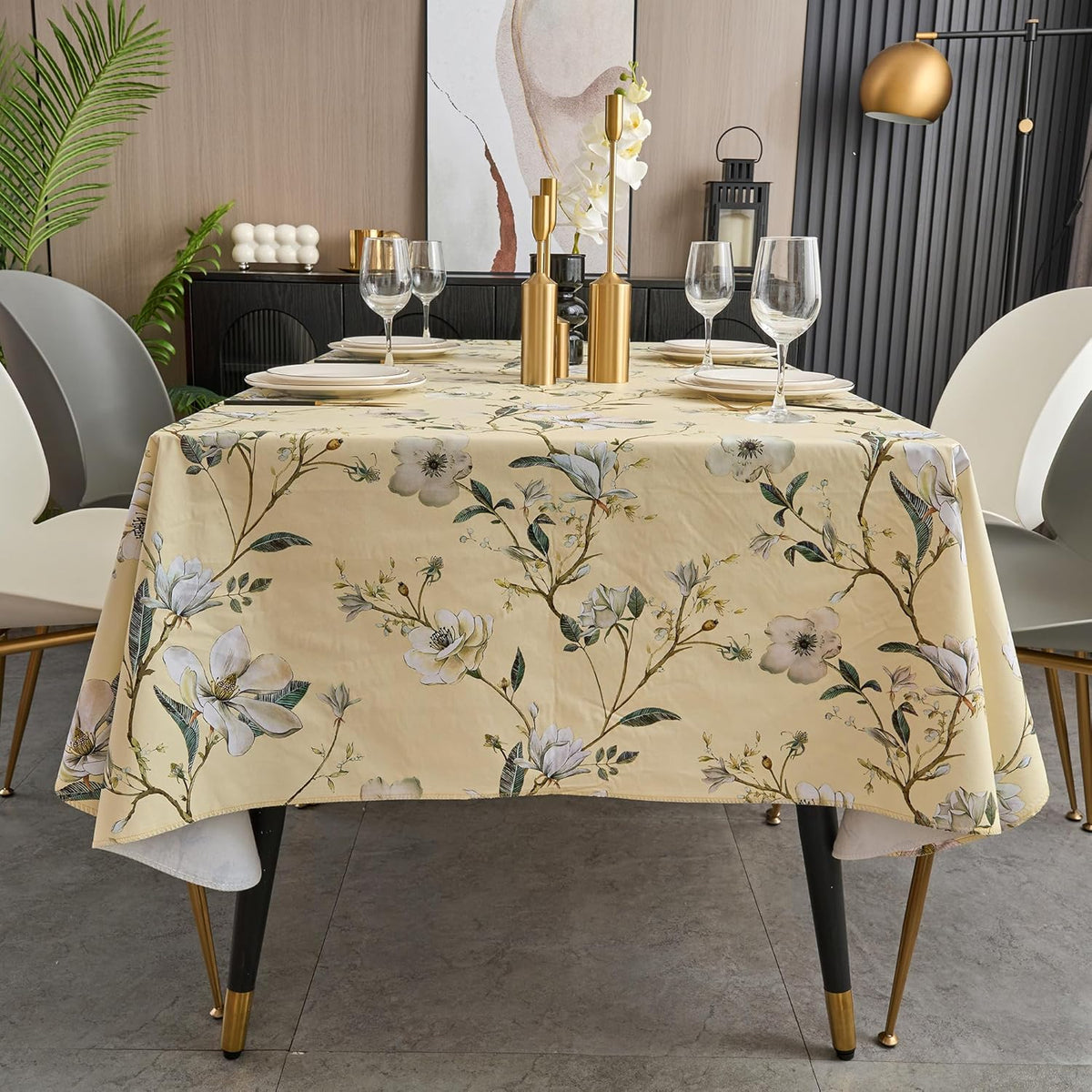 Pioggia Vinyl Tablecloth with Flannel Backing - Waterproof, Oil-Proof, Easy to Clean -Plastic Table Cloth - Perfect for Dining Tables, Kitchen Tables, Parties (Beige Flower, 54×72 Inch Rectangular)
