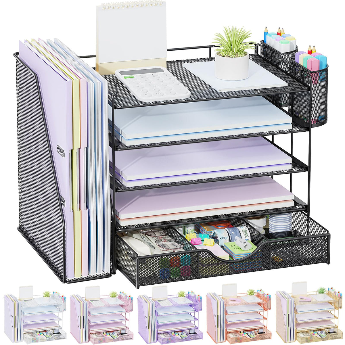 gianotter Desk Organizers and Accessories with File Holder, 4-Tier Desk Accessories & Workspace Organizers with Drawer and 2 Pen Holder, Paper Organizer for Office Supplies(Gold)