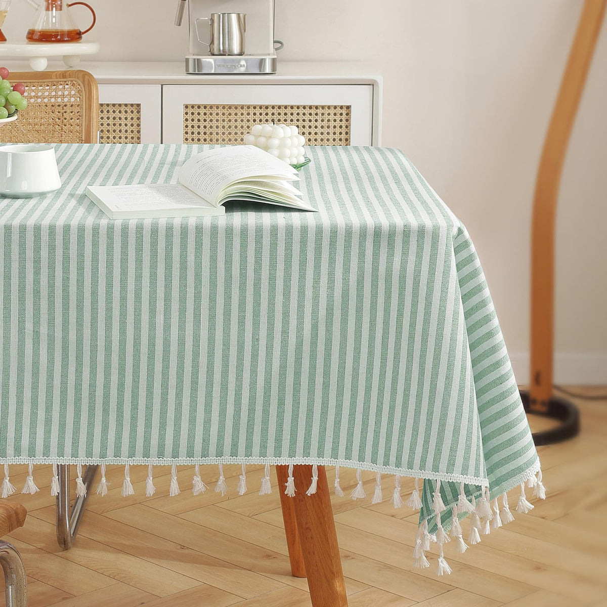 meioro Table Cloth Blue White Striped Tablecloth Tassels Cotton Blend Dust-Proof Table Cover for Dining Coffee Buffet Kitchen Picnic Tables, Parties Indoor Outdoor Square Tablecloths (36x36 Inch)