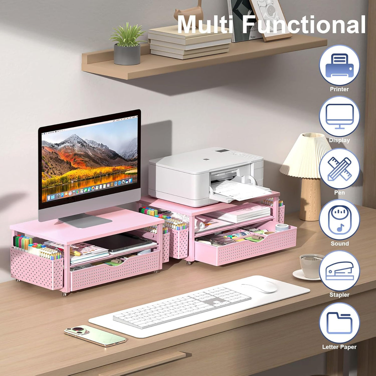 Spacrea Computer Monitor Stand with Drawer and 2 Pen Holders, Pink