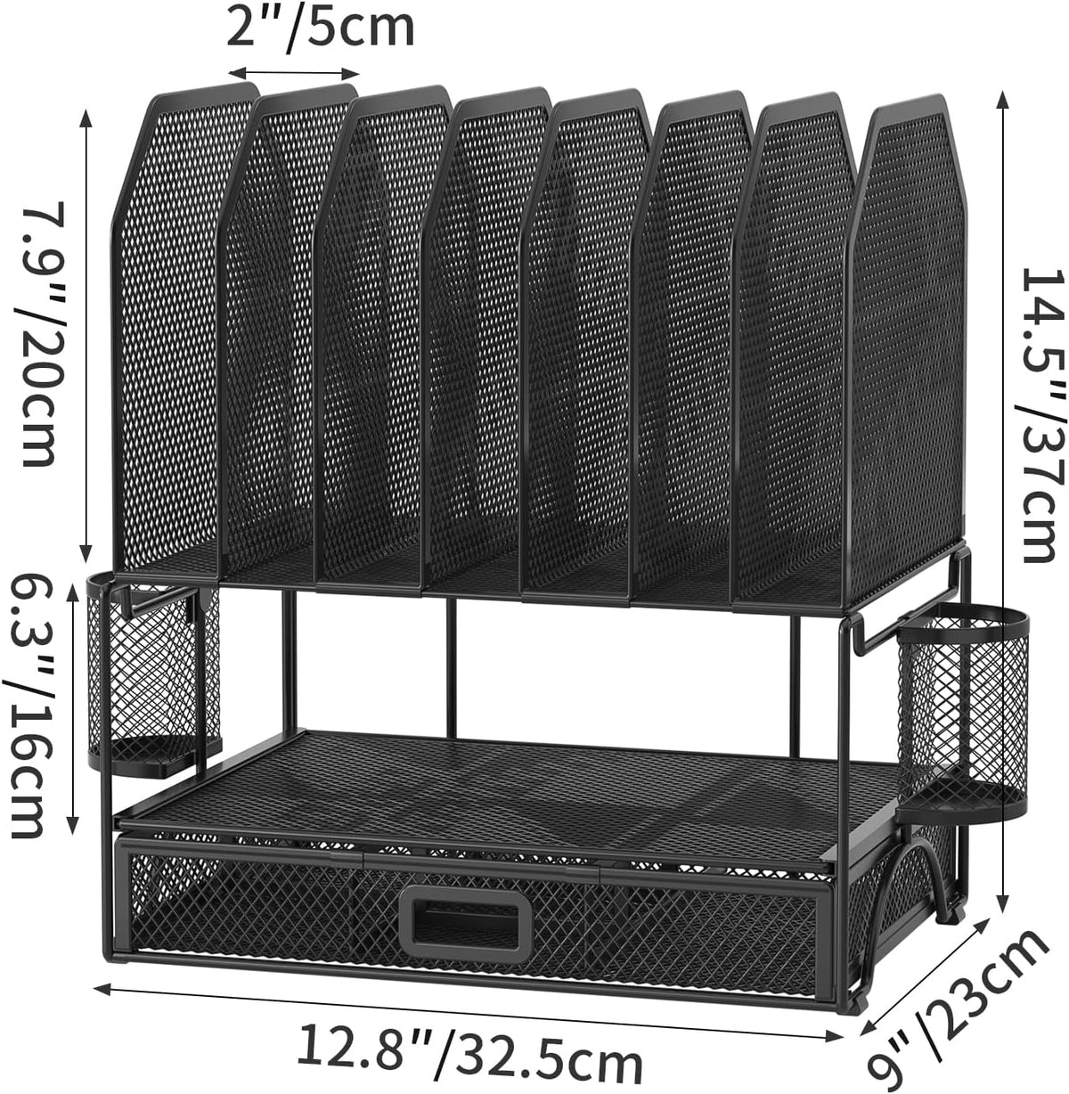 FANXIYQ Metal Desk Organizer with Sliding Drawer, 7-Section File Organizer for Desk, Desktop File Folder & Paper Organizer with 2 Hanging Pen Holders, Office Supplies Organizer, Black