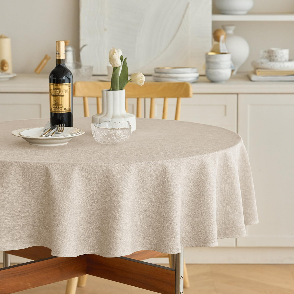 Decorelia Faux Linen Round Tablecloths 60 inch, Waterproof Decorative Washable Texture Rustic Circle Table Cloth Cover for Dining Kitchen Party Farmhouse Outdoor(Round (2-4 Seats),Sage Green)