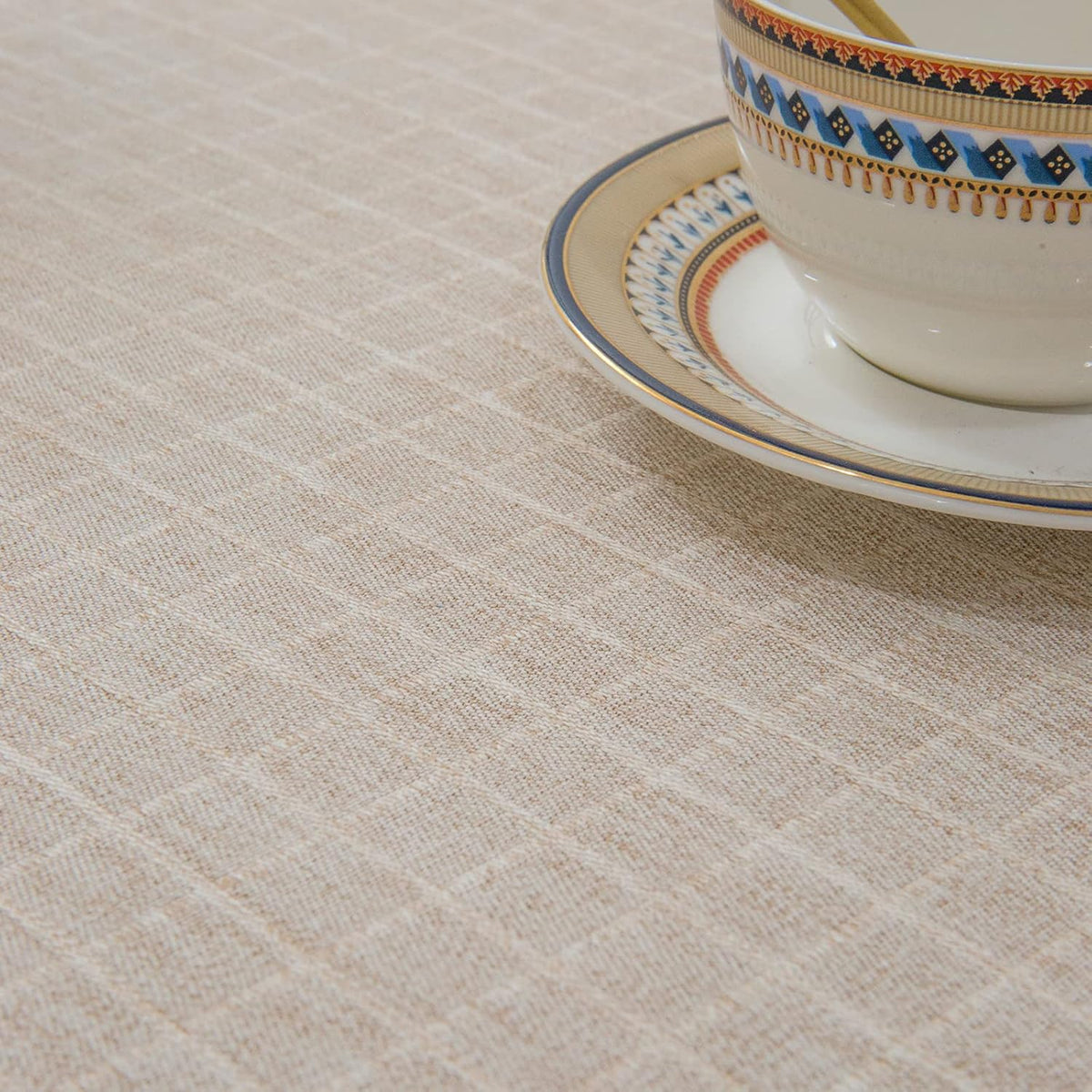GLORY SEASON Textured Tablecloth Linen-Look Rustic Burlap Style Washable Solid Heavy Weight Lace Trim Rectangle Fabric Table Cloth,Table Cover for Kitchen Dinning Tabletop Decoration 55x70 in Beige
