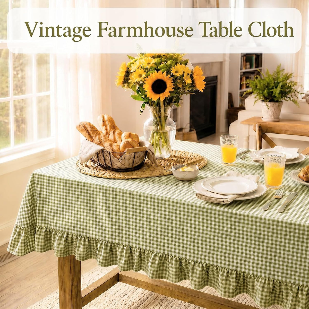 Green White Gingham Ruffled Tablecloth Rectangle 55" x 70" Farmhouse Cotton Plaid Table Cloth with Short Ruffle, Checker Table Cover for Boho Dining Room Kitchen Picnic Home Party Decoration
