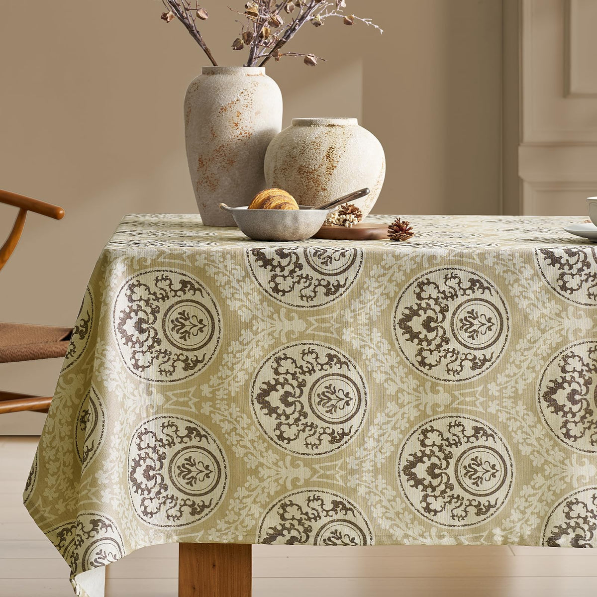 Green Floral Tablecloth Vintage French Rustic Linen Tablecloth Rectangular