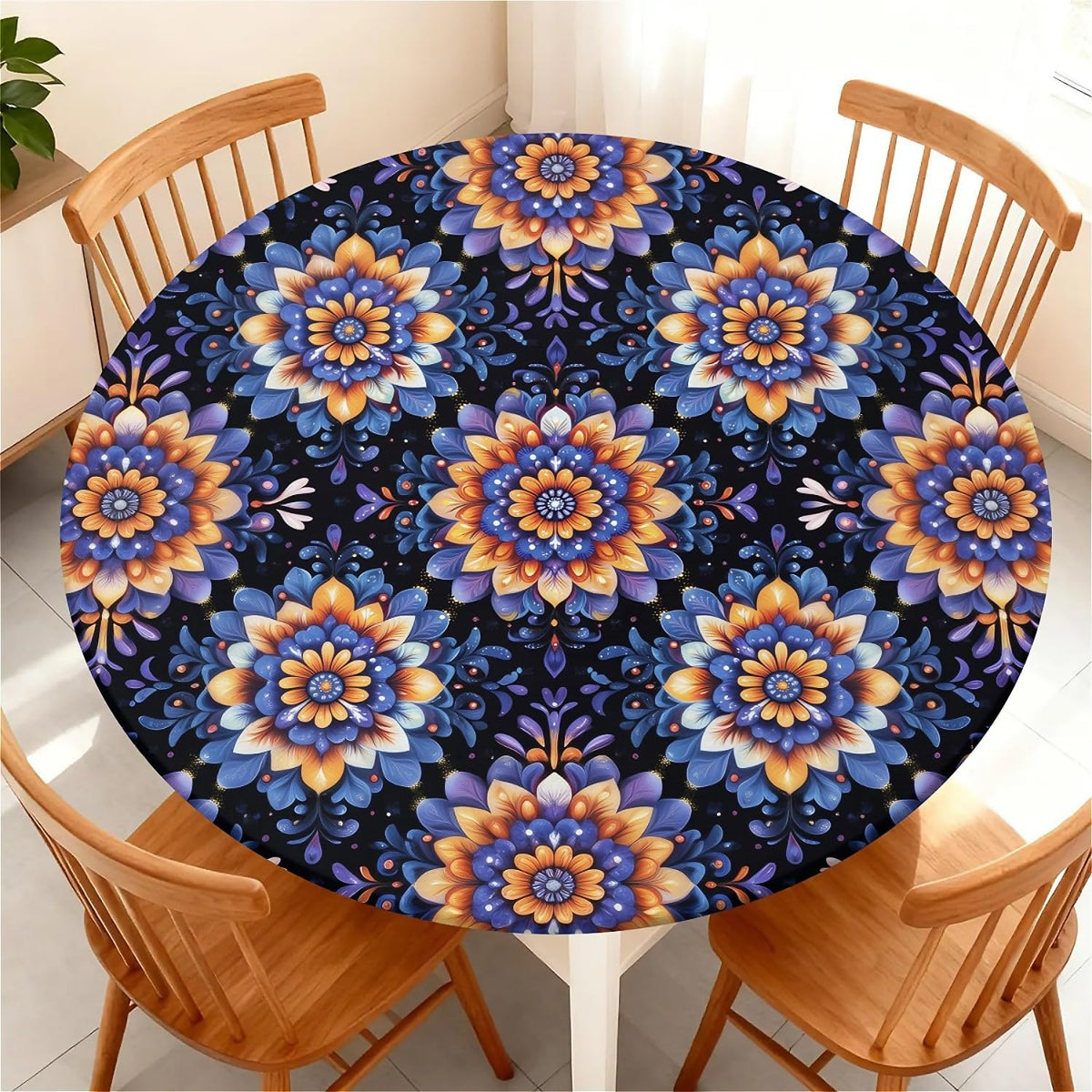 Round Fitted Tablecloth with Elastic Edge, Waterproof Stain Resistant Fabric Table Cover for 45"-48" Round Table, Indoor Outdoor Dining, Kitchen Decor, Camping, Party, Holiday, Black White Marble