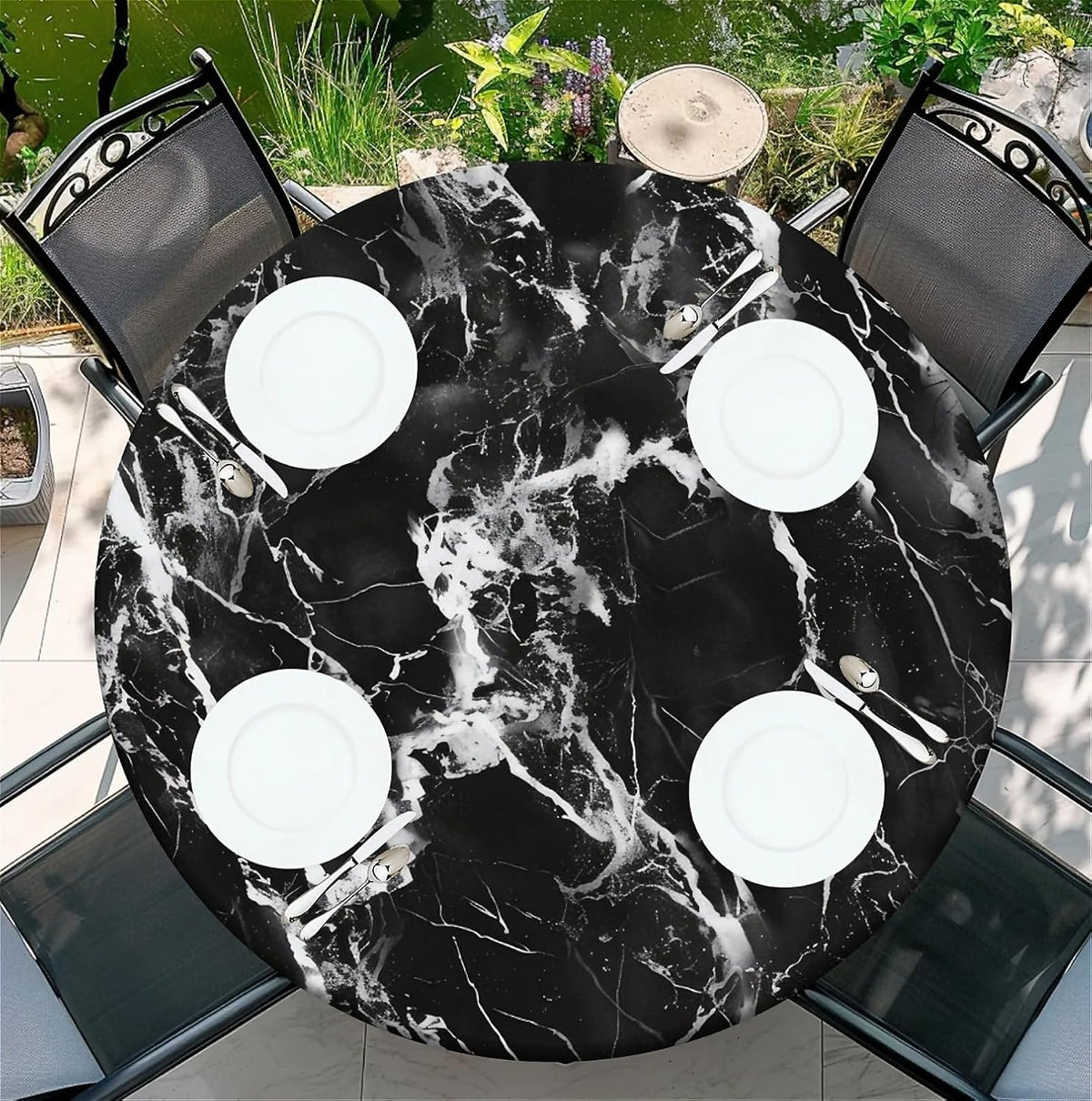 Round Fitted Tablecloth with Elastic Edge, Waterproof Stain Resistant Fabric Table Cover for 45"-48" Round Table, Indoor Outdoor Dining, Kitchen Decor, Camping, Party, Holiday, Black White Marble