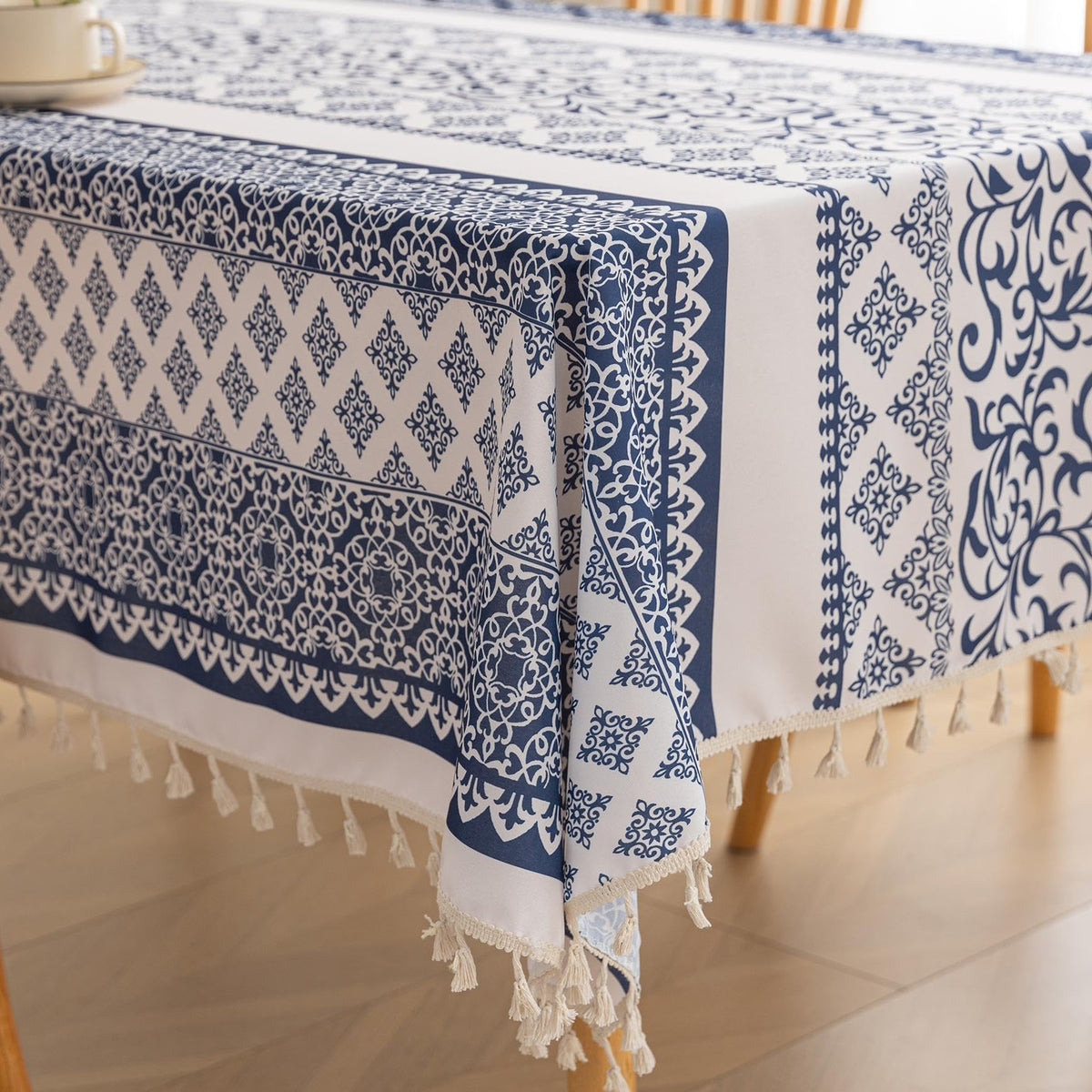 Boho Tablecloth for Square Tables,Fringed Edges with Geometric Pattern Tablecloths,Farmhouse Floral Table Cover Cloth Decorative for Kitchen Dining Room,59"x 59"