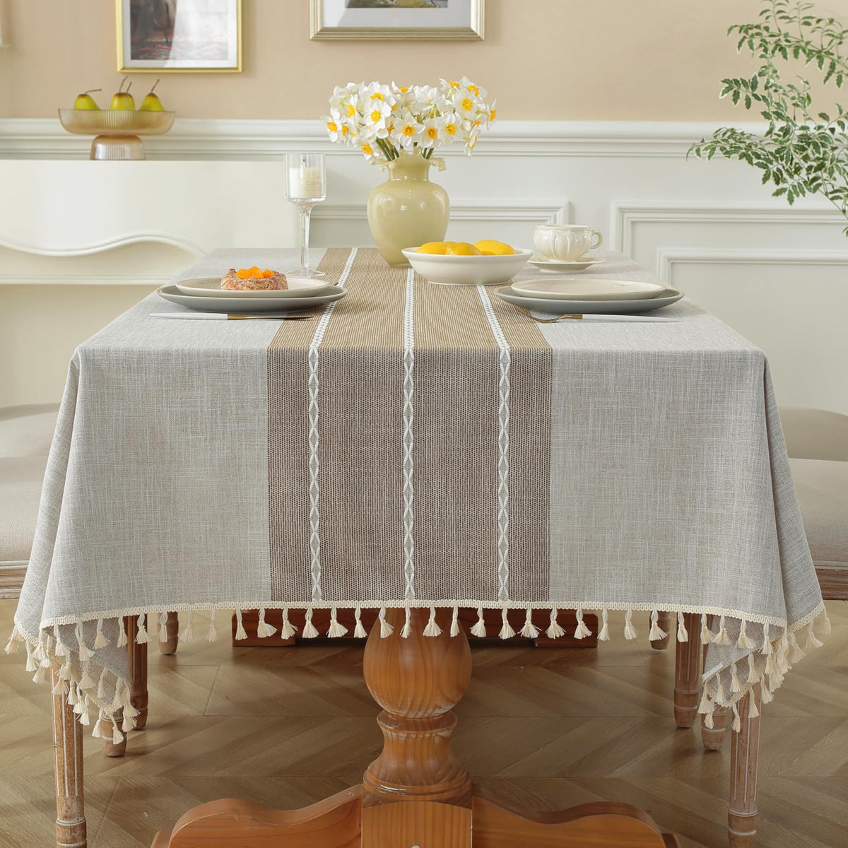 Alsoo Fall Tablecloth Rectangle Linen Style, Rustic Boho Farmhouse Outdoor Waterproof Cotton Table Cloth Wrinkle Free for Picnic Camping Party Kitchen Dining (Coffee Lines, 4-6 Seats, 55x75 Inches)