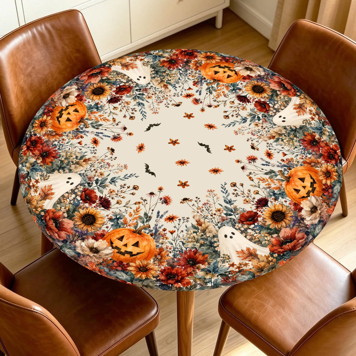 Fall Round Fitted Tablecloth with Elastic Edge Orange Blue White Thanksgiving Pumpkin Table Cover 40-44 Inch Autumn Leaf Washable Table Cloth for Kitchen Dining Room Party Decor