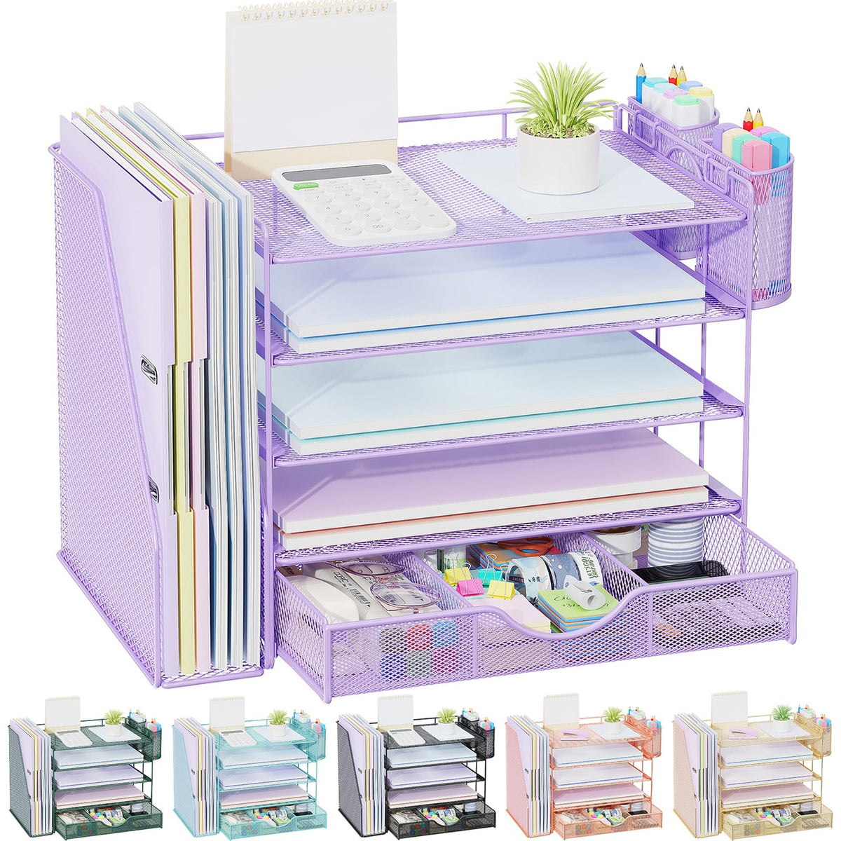 gianotter Desk Organizers and Accessories with File Holder, 4-Tier Desk Accessories & Workspace Organizers with Drawer and 2 Pen Holder, Paper Organizer for Office Supplies (Blue)