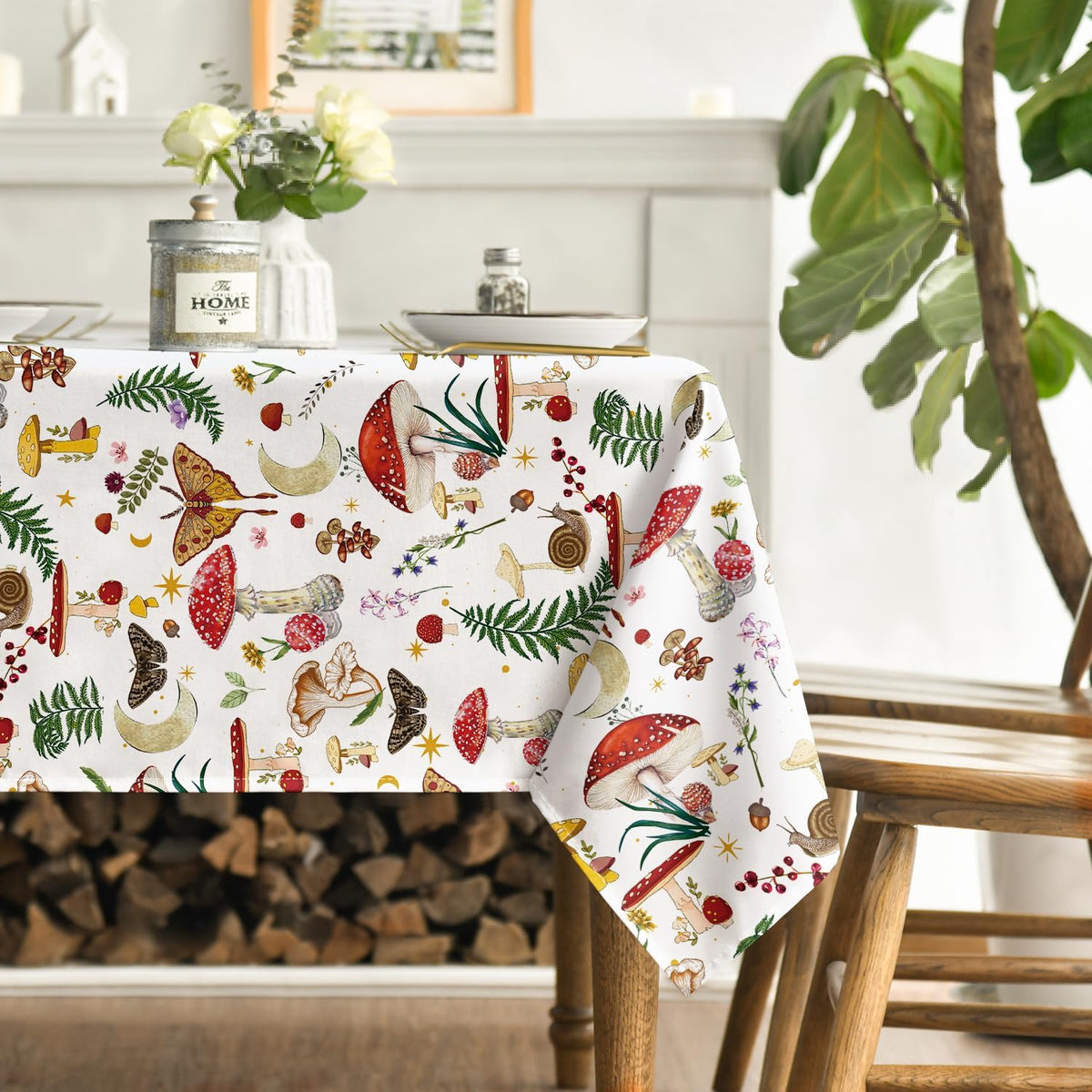Horaldaily Vintage Mushroom Tablecloth, White, 60x84 Inch Rectangular