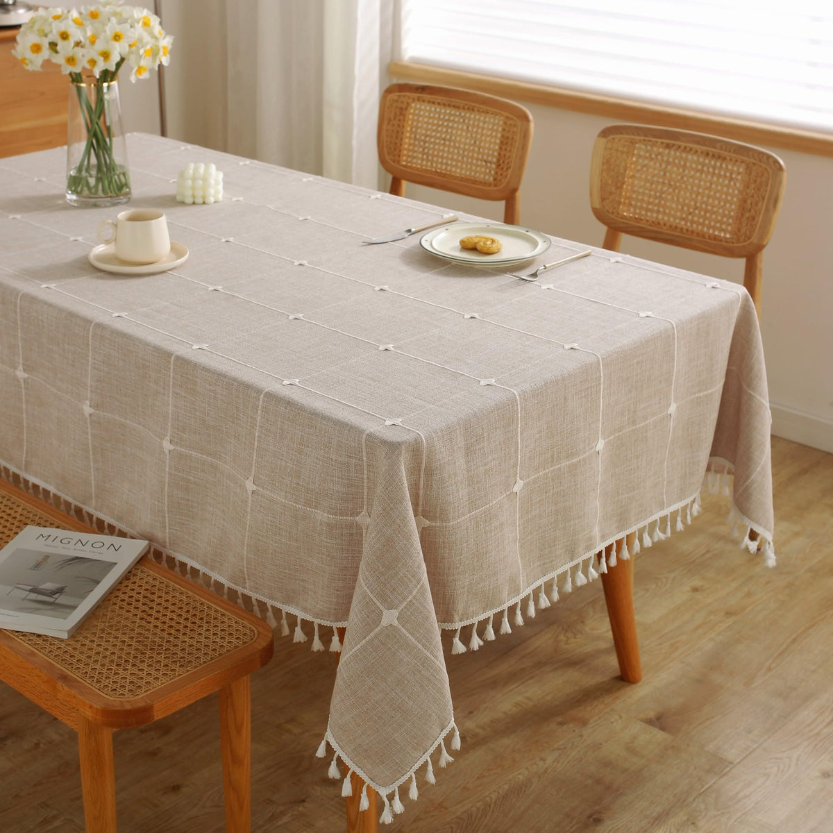 JIALE Tablecloths for Rectangle Tables, Cotton Linen Table Cloth Waterproof Tablecloth Wrinkle Free Farmhouse Dining Tables Cover, Soft Fabric Table Cloths with Tassels, Brown, 55" X 70", 4-6 Seats