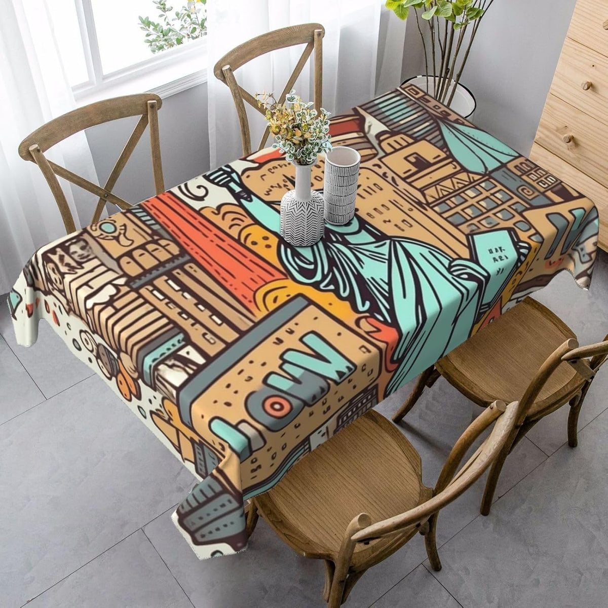 Cartoon Cute New York American Theme Art Tablecloths for Rectangle Tables, Stain and Wrinkle Resistant Washable Table Cover Modern 55" X 35" Table Cloth for Kitchen Dining Picnic Party Decor