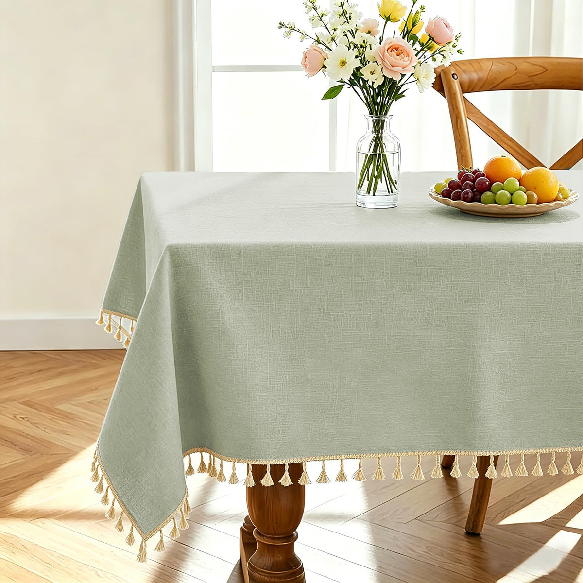 Alsoo Ivory Tablecloth Rectangle Linen Cotton Texture, Waterproof Heavy Duty Farmhouse Wrinkle Free Table Cloth with Tassel for Kitchen Dining Holiday Party, 55" x 75"