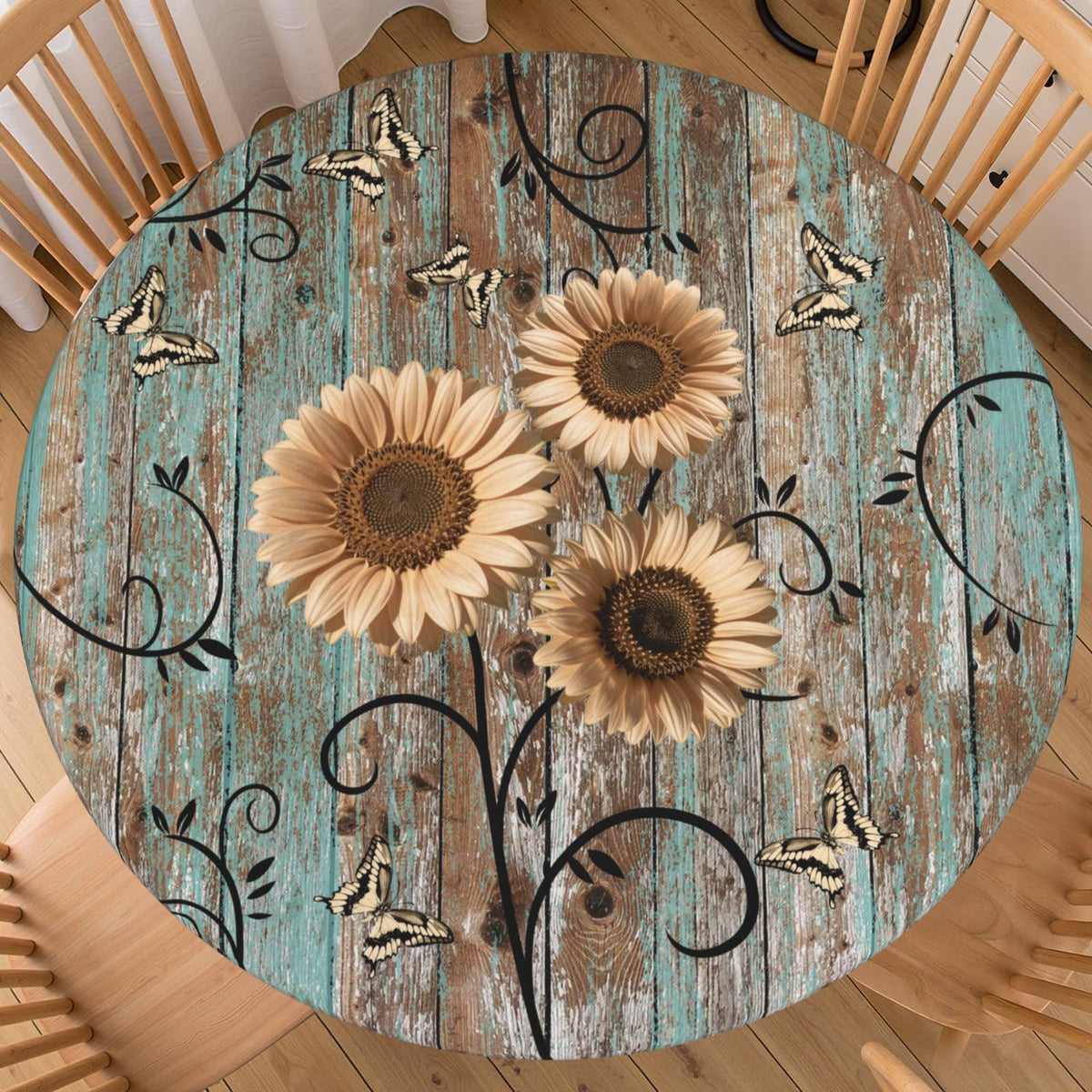 Fall Round Fitted Tablecloth with Elastic Edge Orange Blue White Thanksgiving Pumpkin Table Cover 40-44 Inch Autumn Leaf Washable Table Cloth for Kitchen Dining Room Party Decor