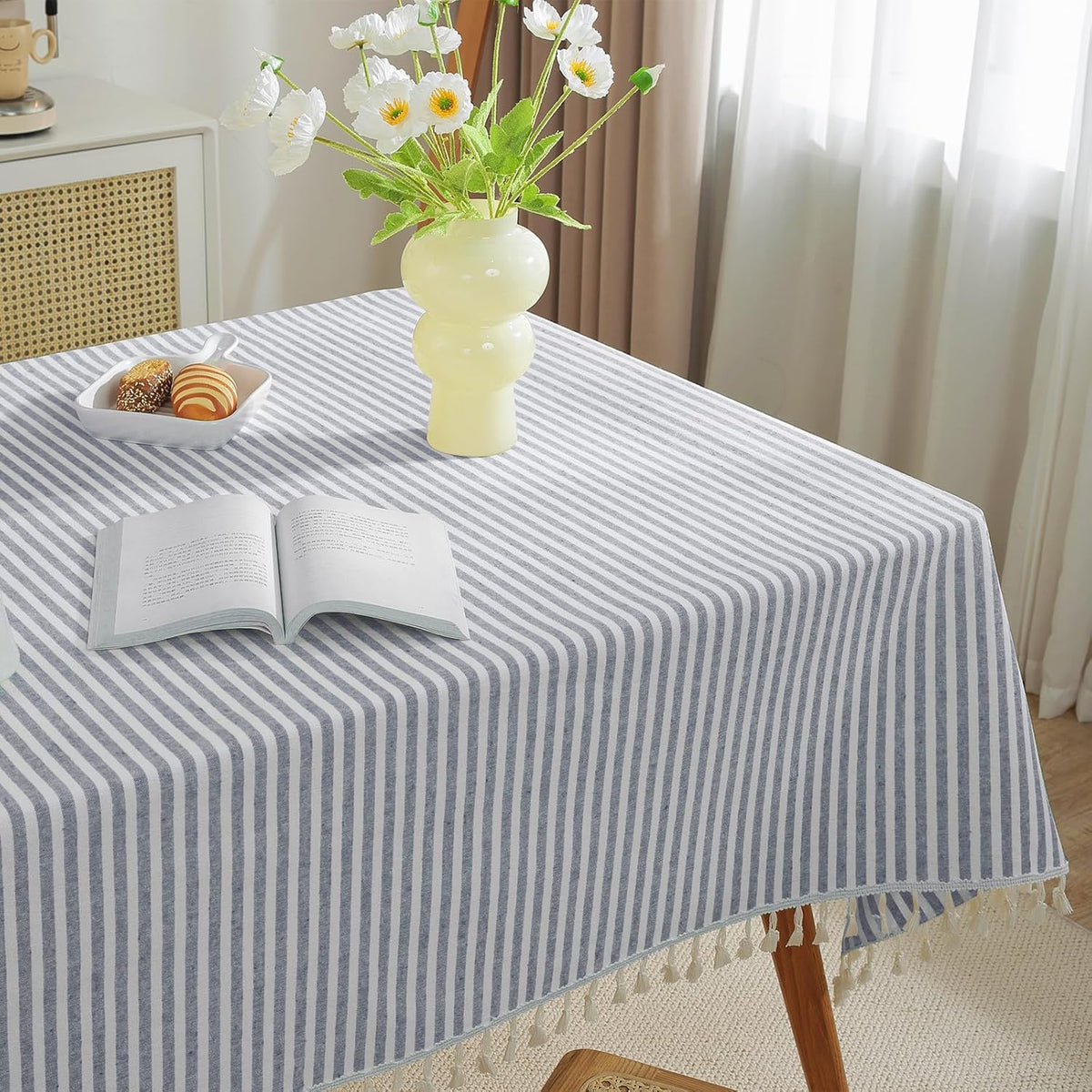 meioro Table Cloth Blue White Striped Tablecloth Tassels Cotton Blend Dust-Proof Table Cover for Dining Coffee Buffet Kitchen Picnic Tables, Parties Indoor Outdoor Square Tablecloths (36x36 Inch)