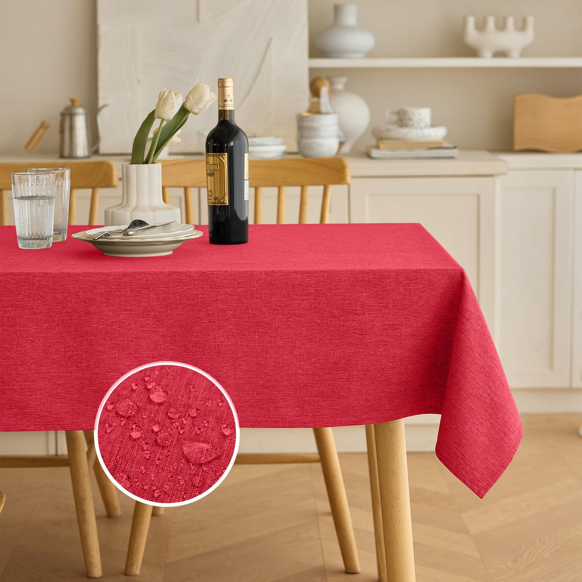Decorelia Waterproof Round Tablecloth for Round Dining Table, Decorative Rustic Soft Wipeable Table Cloths Cover Indoor Outdoor Use for Holiday,Wedding, Kitchen (70 Inch,Round (4-6 Seats),Beige)