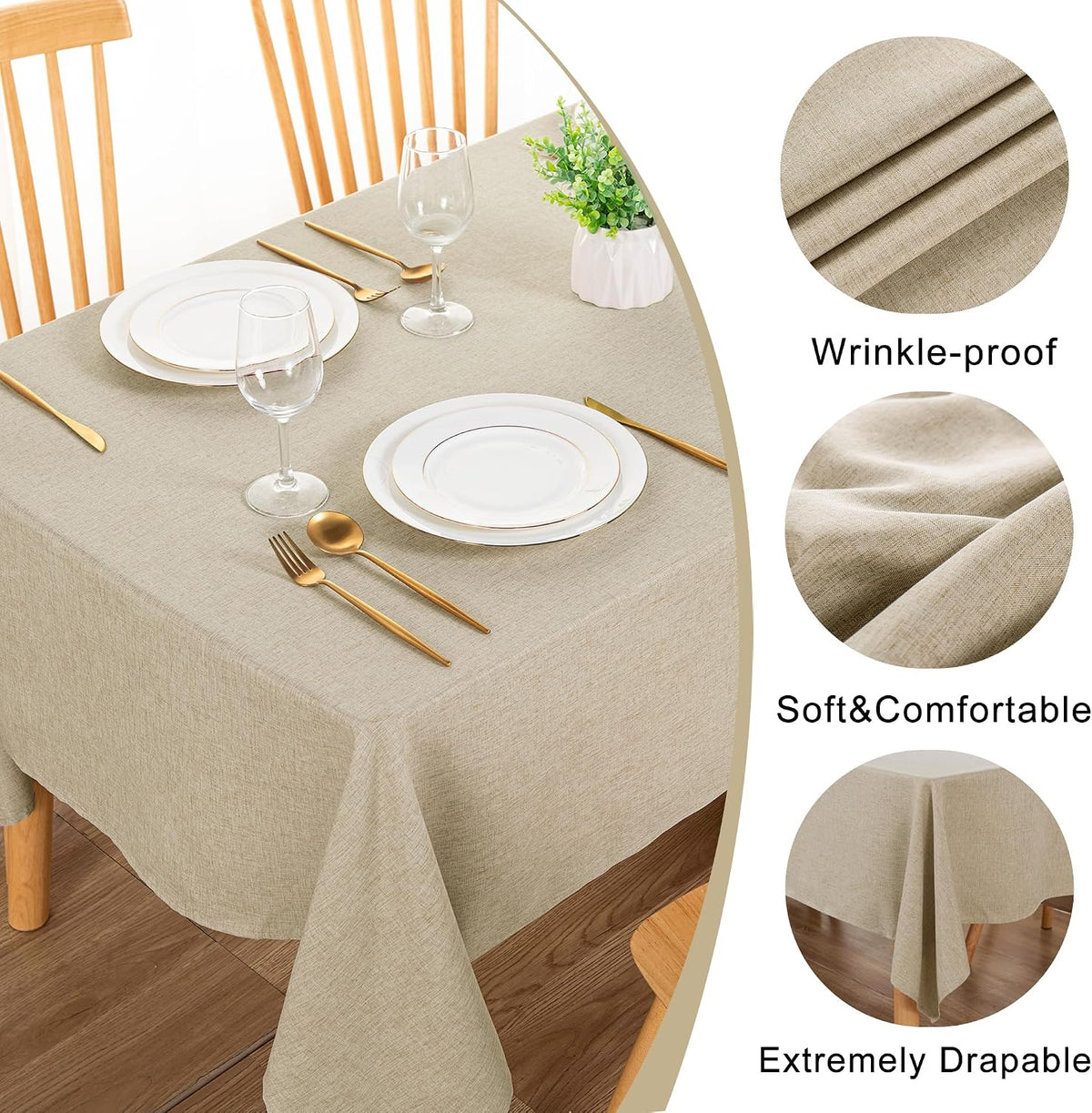 DWCN Rectangle Faux Linen Tablecloth, Table Cover, 52 x 70 Inch, Beige