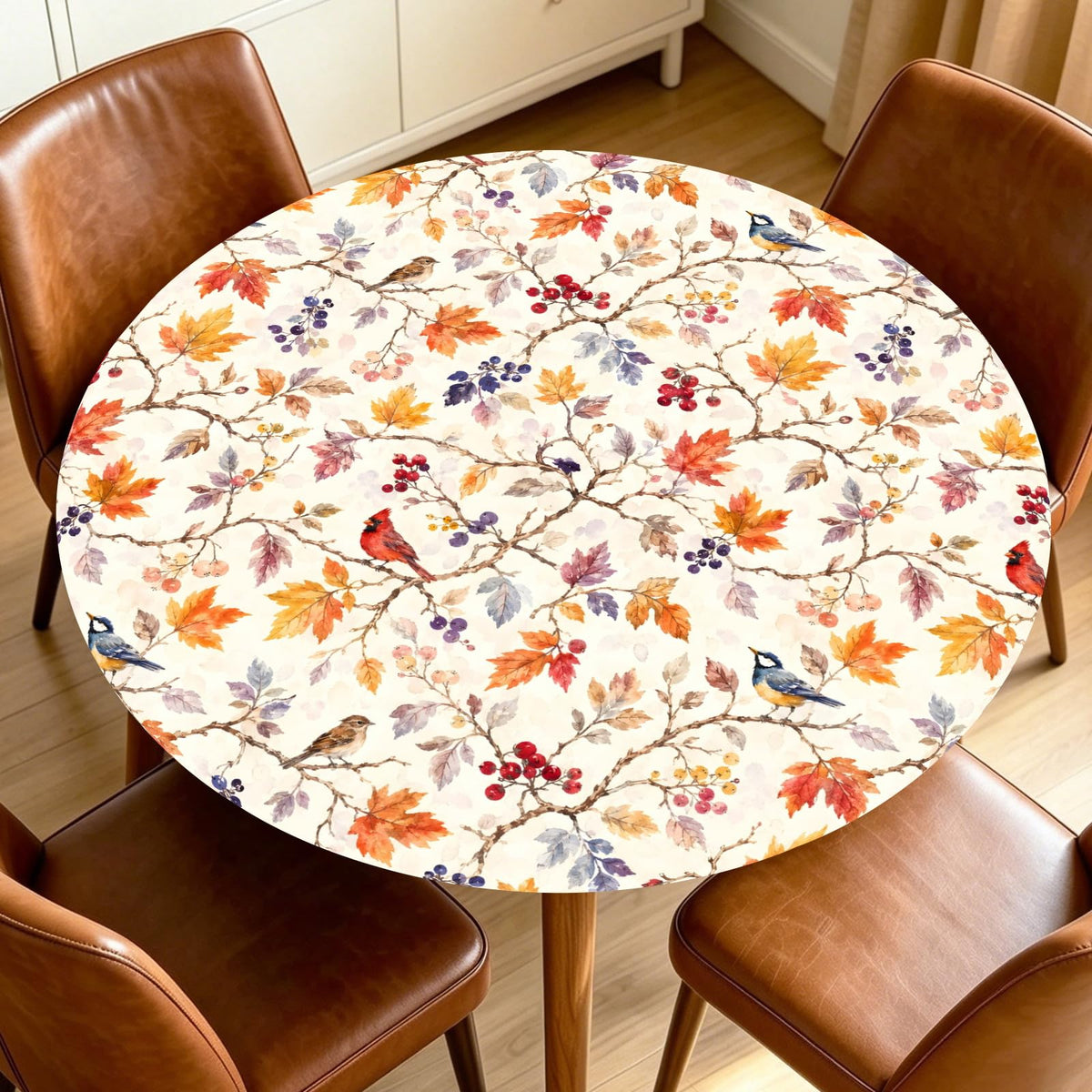 Fall Round Fitted Tablecloth with Elastic Edge Orange Blue White Thanksgiving Pumpkin Table Cover 40-44 Inch Autumn Leaf Washable Table Cloth for Kitchen Dining Room Party Decor