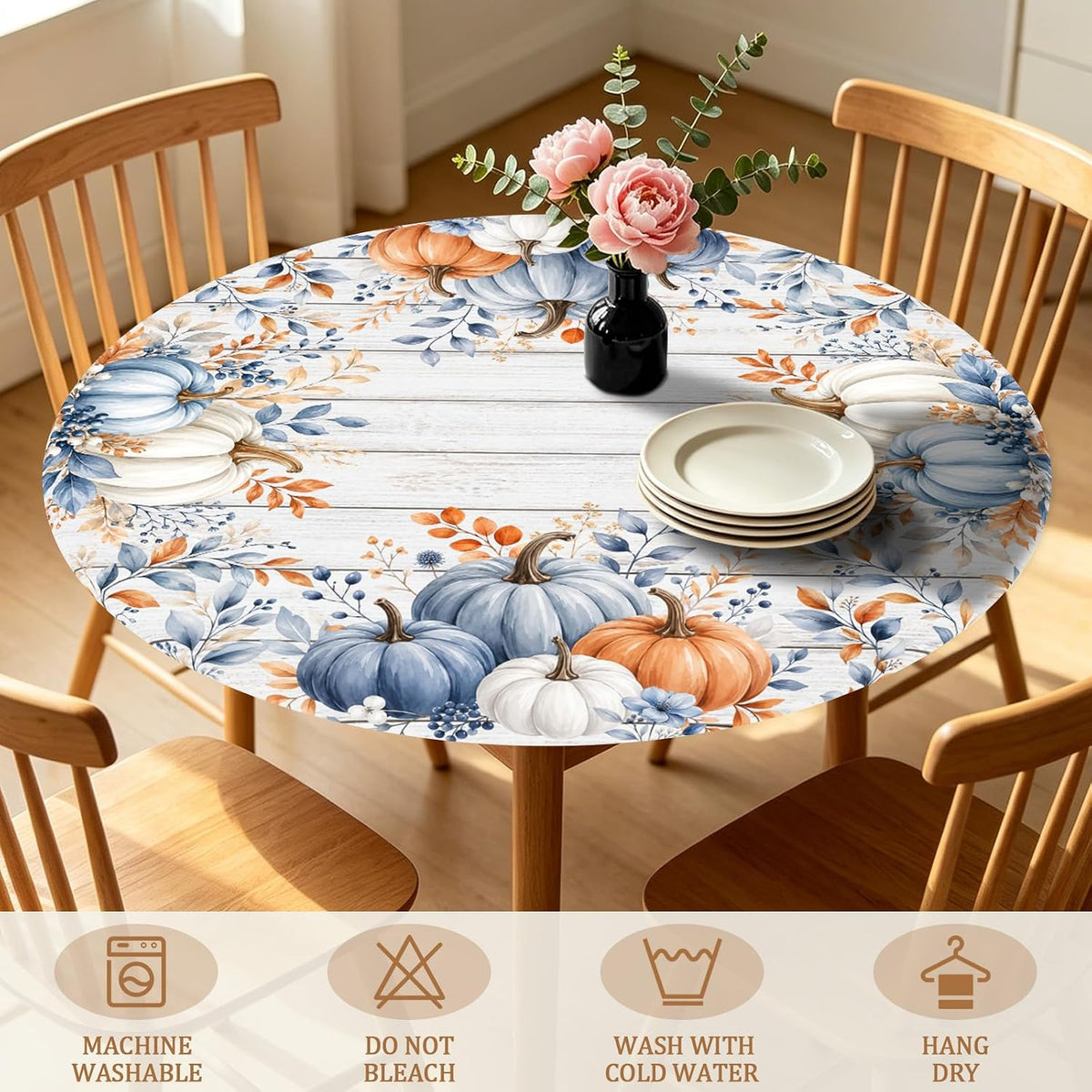 Fall Round Fitted Tablecloth with Elastic Edge Orange Blue White Thanksgiving Pumpkin Table Cover 40-44 Inch Autumn Leaf Washable Table Cloth for Kitchen Dining Room Party Decor