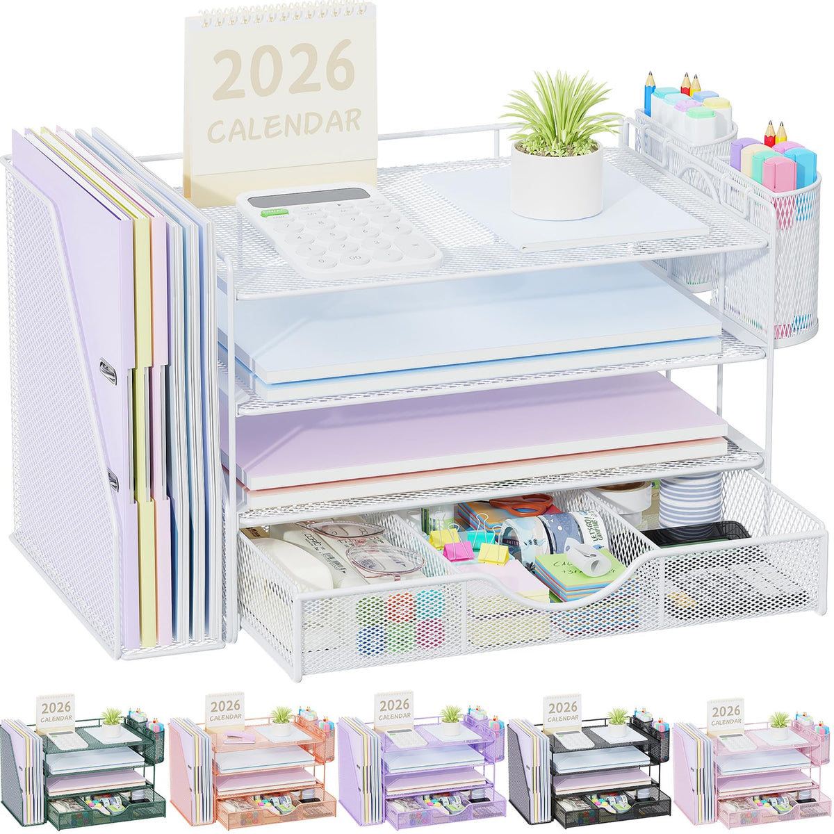 gianotter Desk Organizers and Accessories with File Holder, 4-Tier Desk Accessories & Workspace Organizers with Drawer and 2 Pen Holder, Paper Organizer for Office Supplies (Blue)