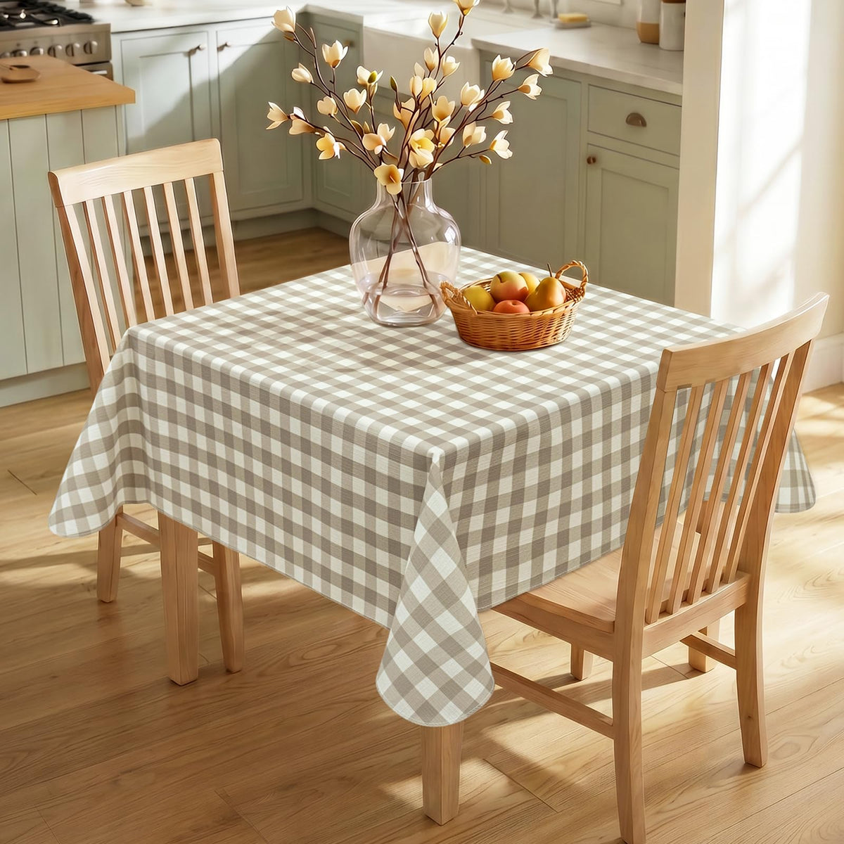 Seenus Khaki Gingham Cottage Vinyl Round Tablecloth with Flannel Backing, Waterproof Checkered Table Cloth Wipeable for Farmhouse Kitchen Patio Garden, 60 Inch Circular (Fits 30-48" Tables)