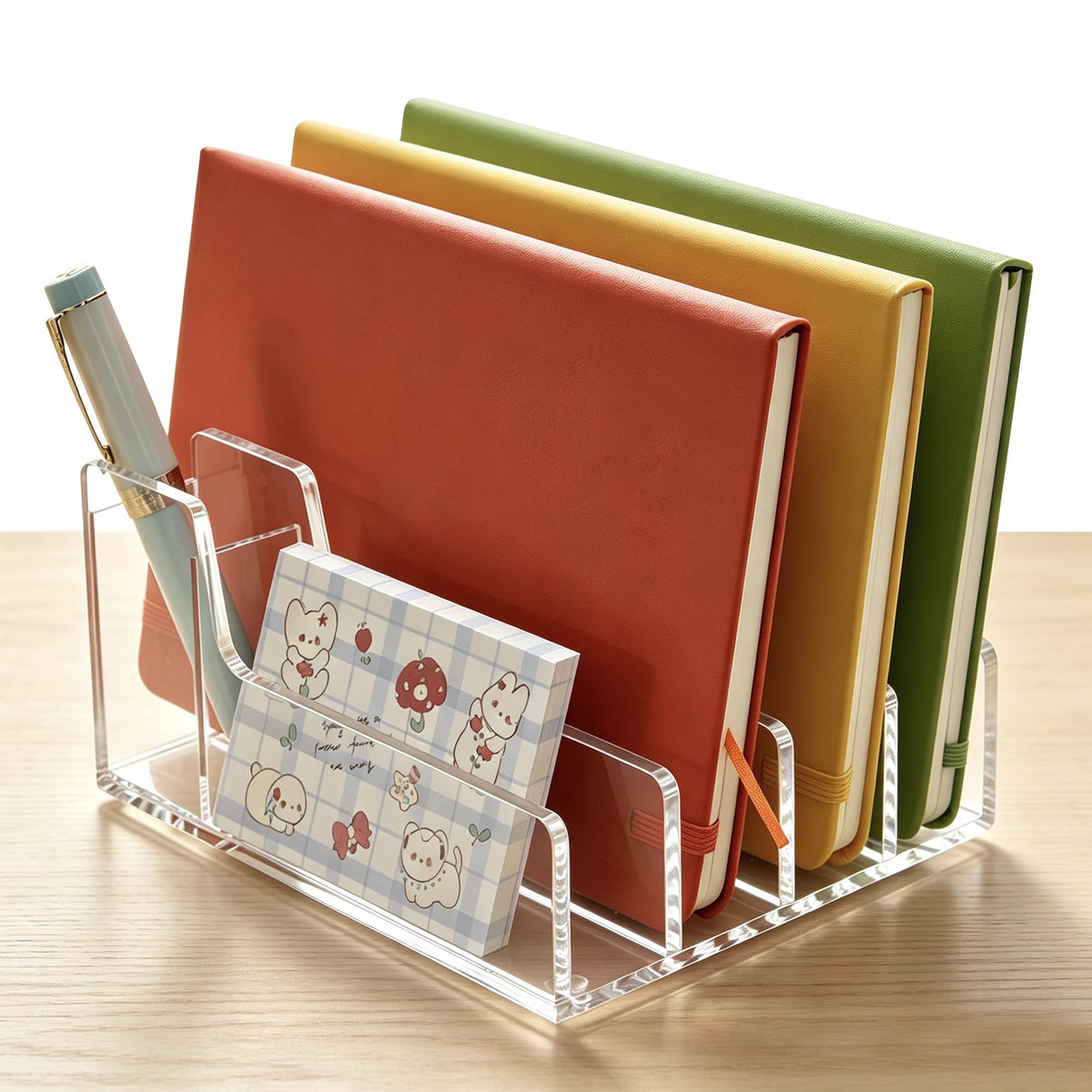 3 Compartments Clear Acrylic Mail Holder – Vertical Letter Sorter & Multifunction Desk Organizer for Bills, Documents, Notebooks – Modern Office/Home Envelope File Rack