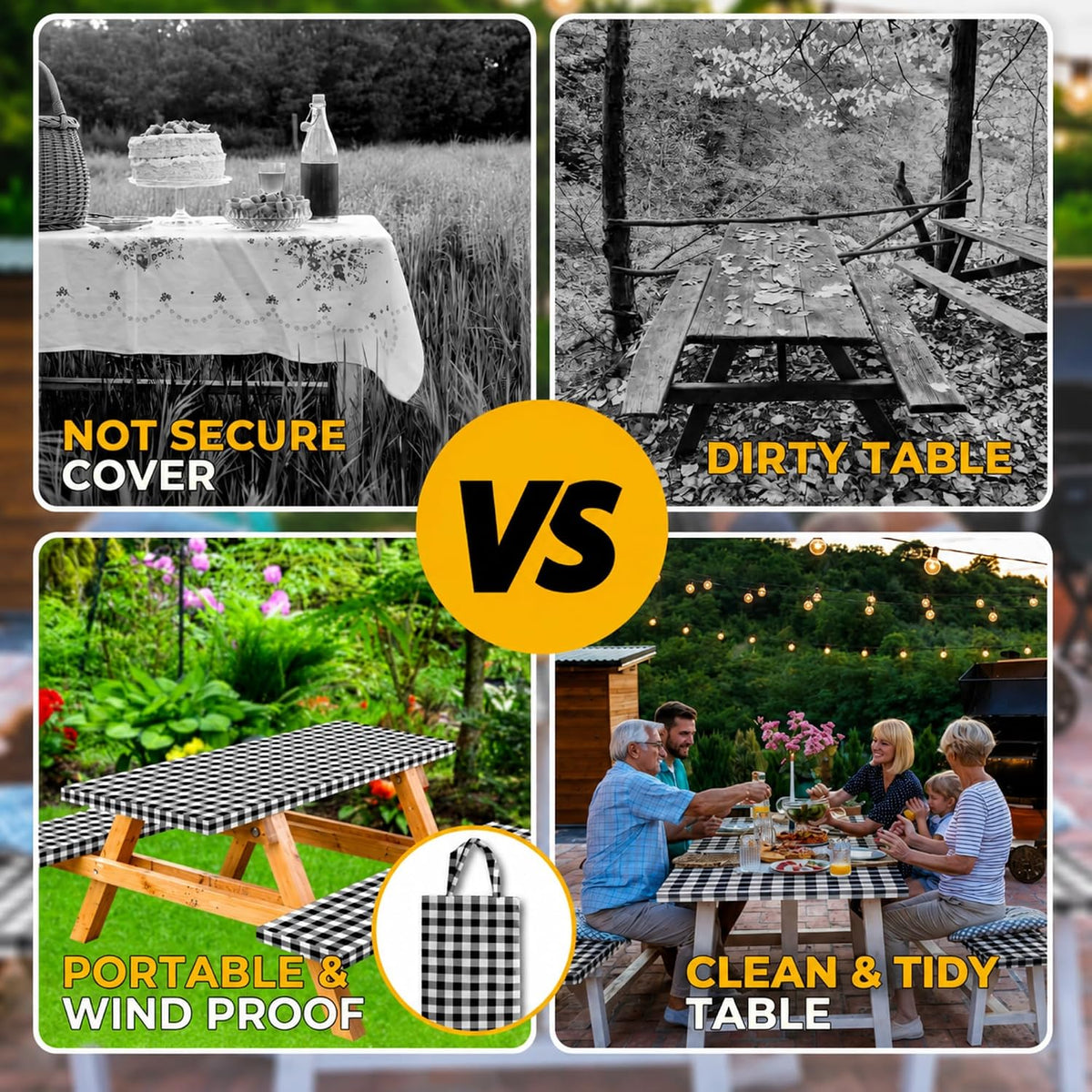 RNOONY Vinyl Fitted Picnic Table Cover with Bench Covers & Bag, 6 FT Outdoor Waterproof & Windproof Durable Tablecloth with Elastic Edges, Camping Essentials, RV Gear, 72x30 Inches - Black Checkered