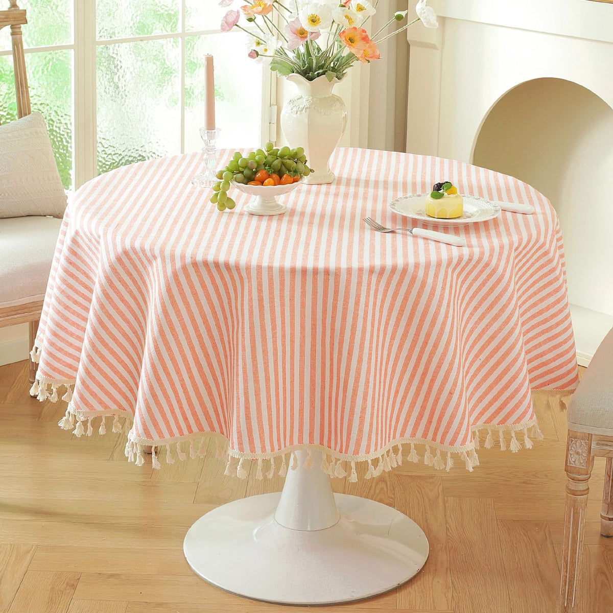 meioro Table Cloth Blue White Striped Tablecloth Tassels Cotton Blend Dust-Proof Table Cover for Dining Coffee Buffet Kitchen Picnic Tables, Parties Indoor Outdoor Square Tablecloths (36x36 Inch)