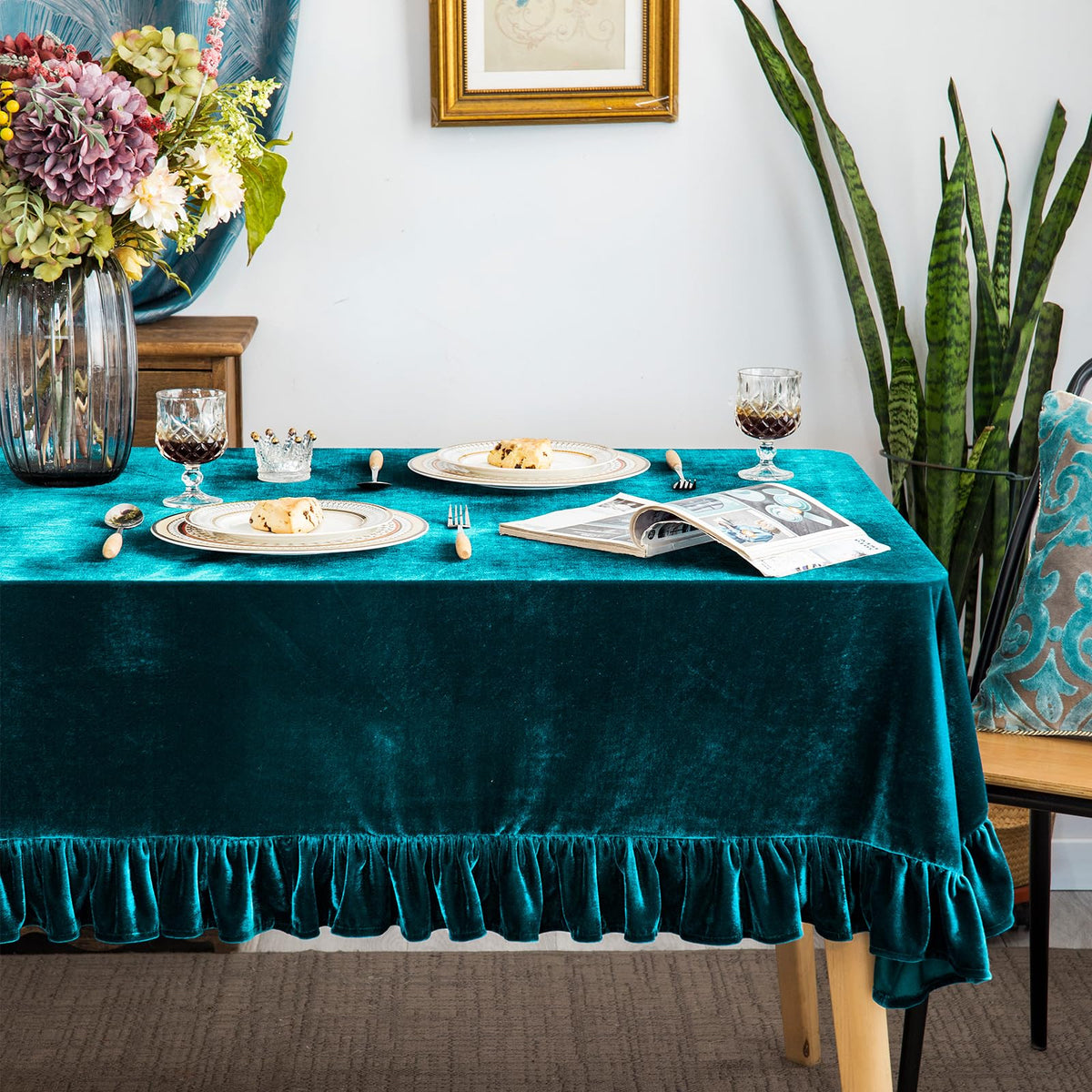 GLORY SEASON Velvet Tablecloth Luxurious Solid Rectangle Table Cloth,Oblong Retro Farmhouse Ruffle Tablecloths Washable Table Cover for Party Olive Green,52x70 Inches
